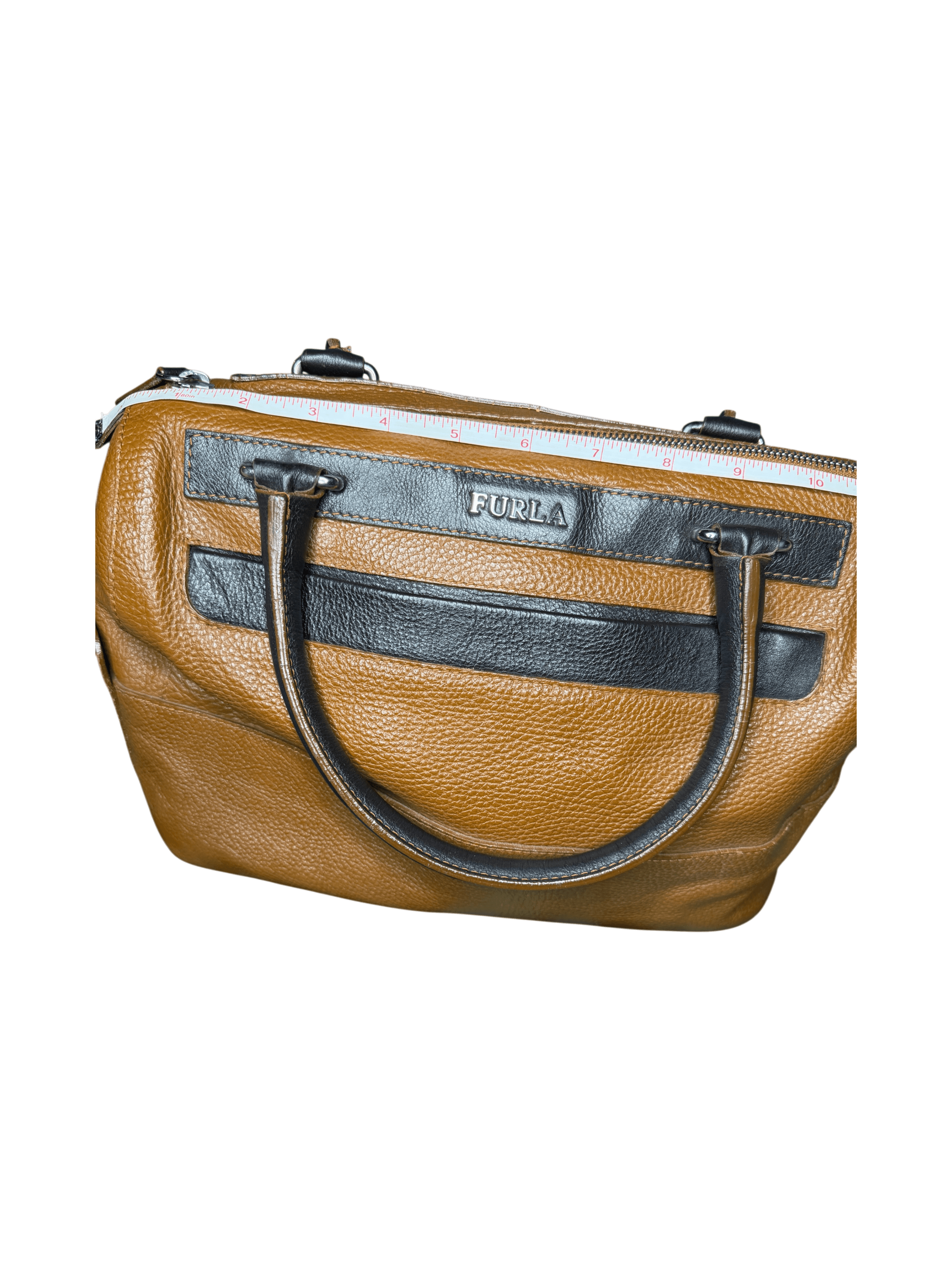 Vintage Y2K Furla Italian Pebbled Leather Colorblock Satchel Cognac & Espresso