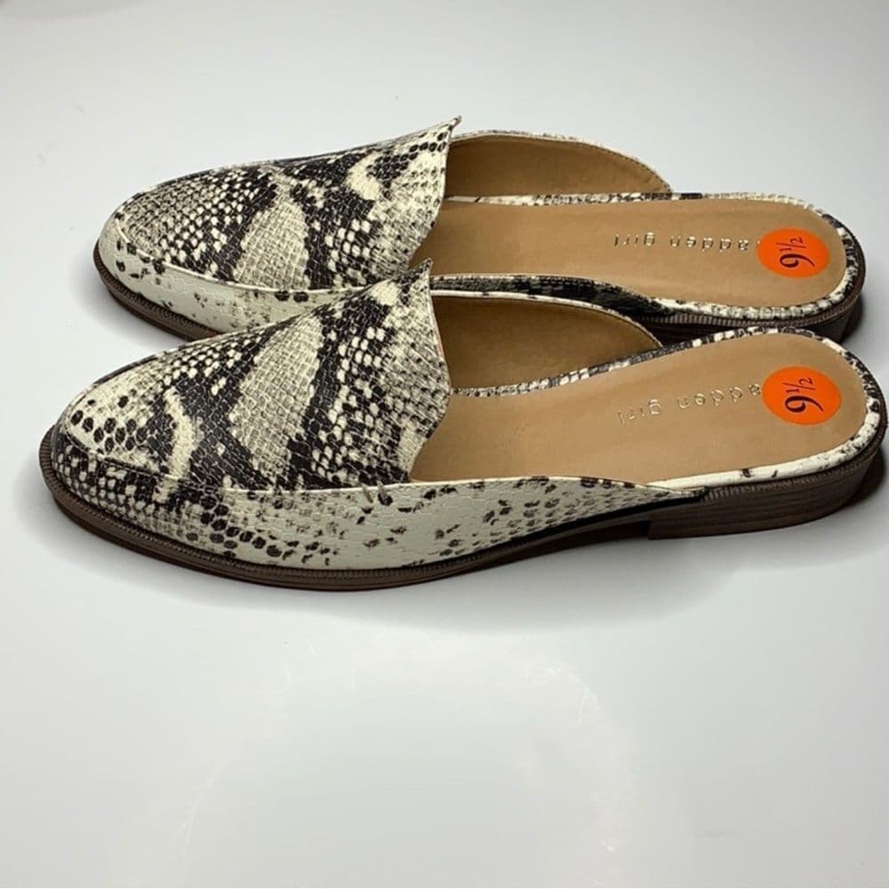 Madden Girl Black and White Snakeskin Mules