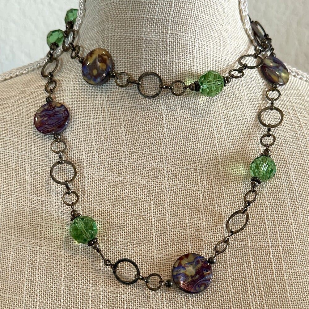 Vintage Green and Purple Beaded Necklace