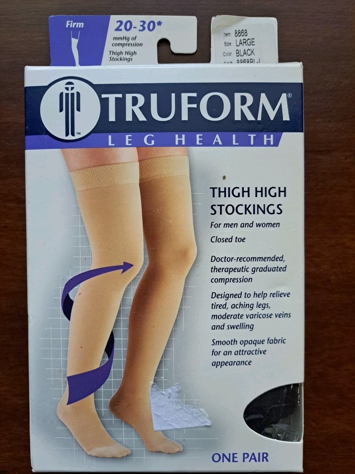 Truform Leg Compression Stocking 20-30mmHg Firm Black Thigh High Toe LARGE NIB