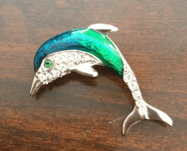 Krementz Sterling Silver Blue Green Enamel Rhinestone Dolphin Pin Brooch SS