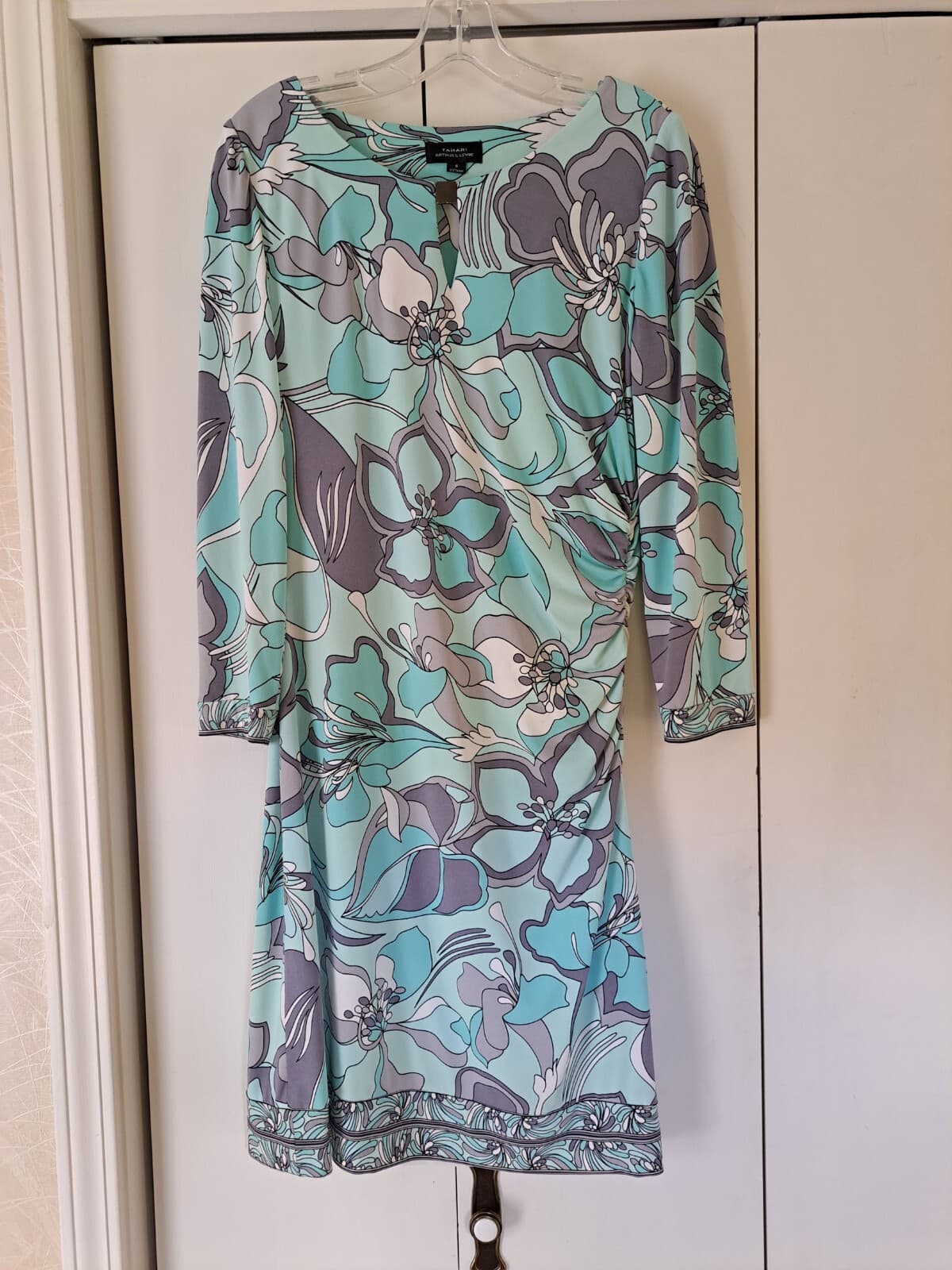 Tahari ASL Blue Floral Keyhole Sz 6 Long Sleeve Shift Sheath Dress Lined