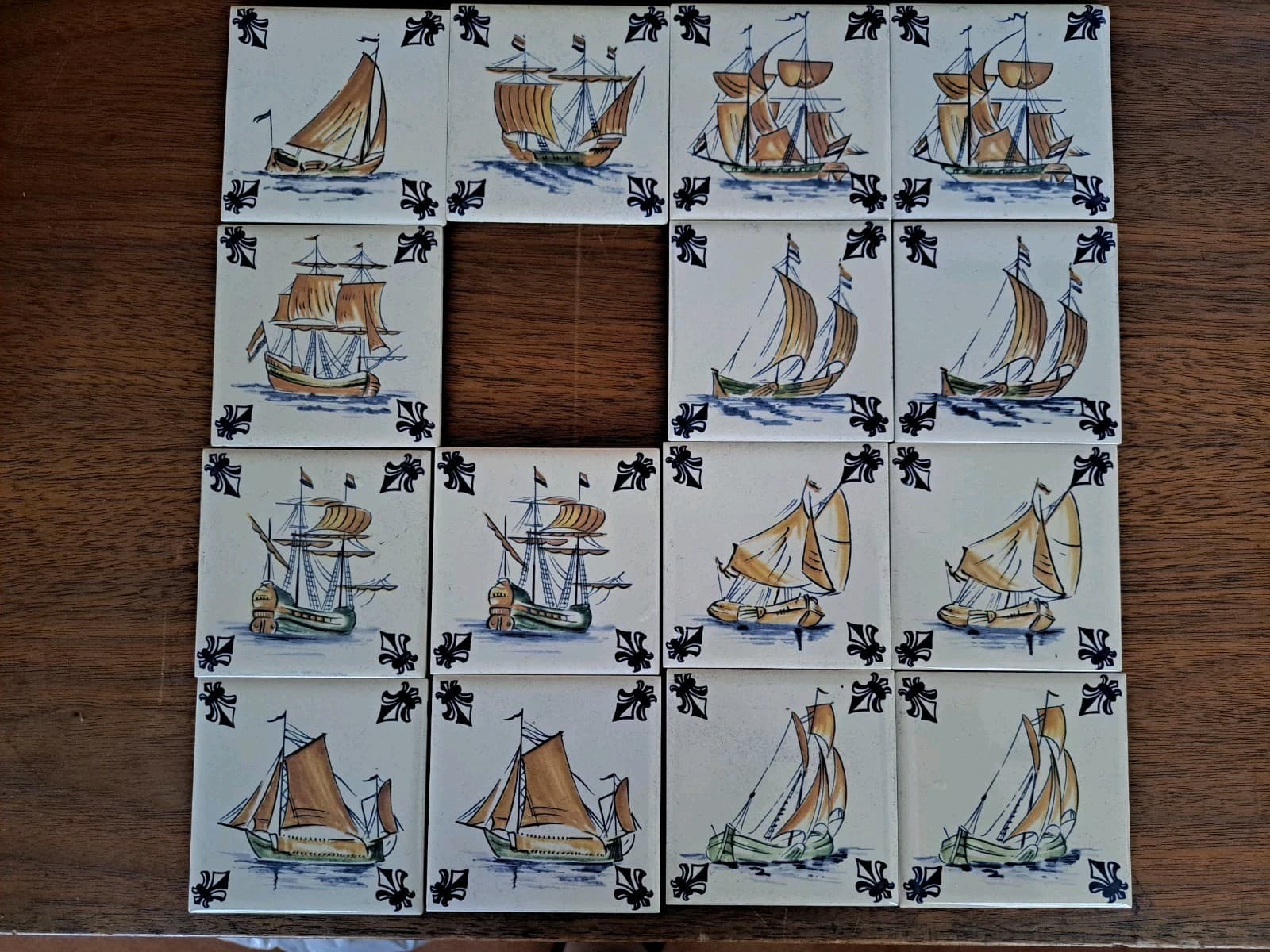 Vintage Set 15 KLM Airlines Dutch Delft Ceramic POLICHROME Tile Coasters Ships