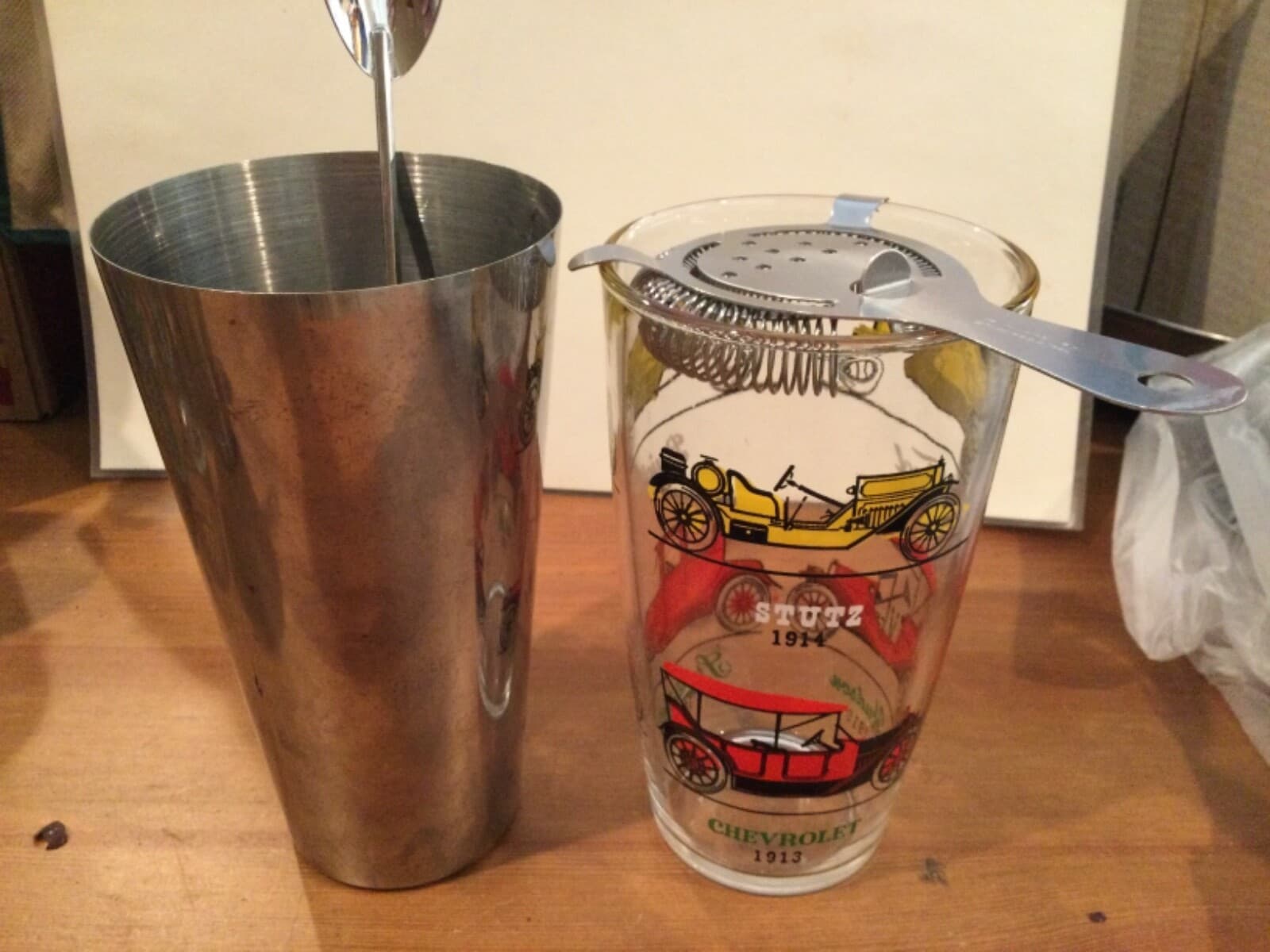 Hazel Atlas Cocktail Martini Drink Glass Shaker Mixer Old Cars Barware Lot