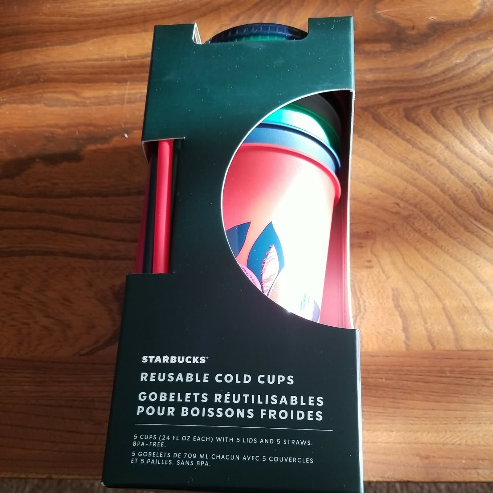 Starbucks 2021 Holiday Set of 5 Reusable 24 Oz Cold Cups w Lids & Straws NIB