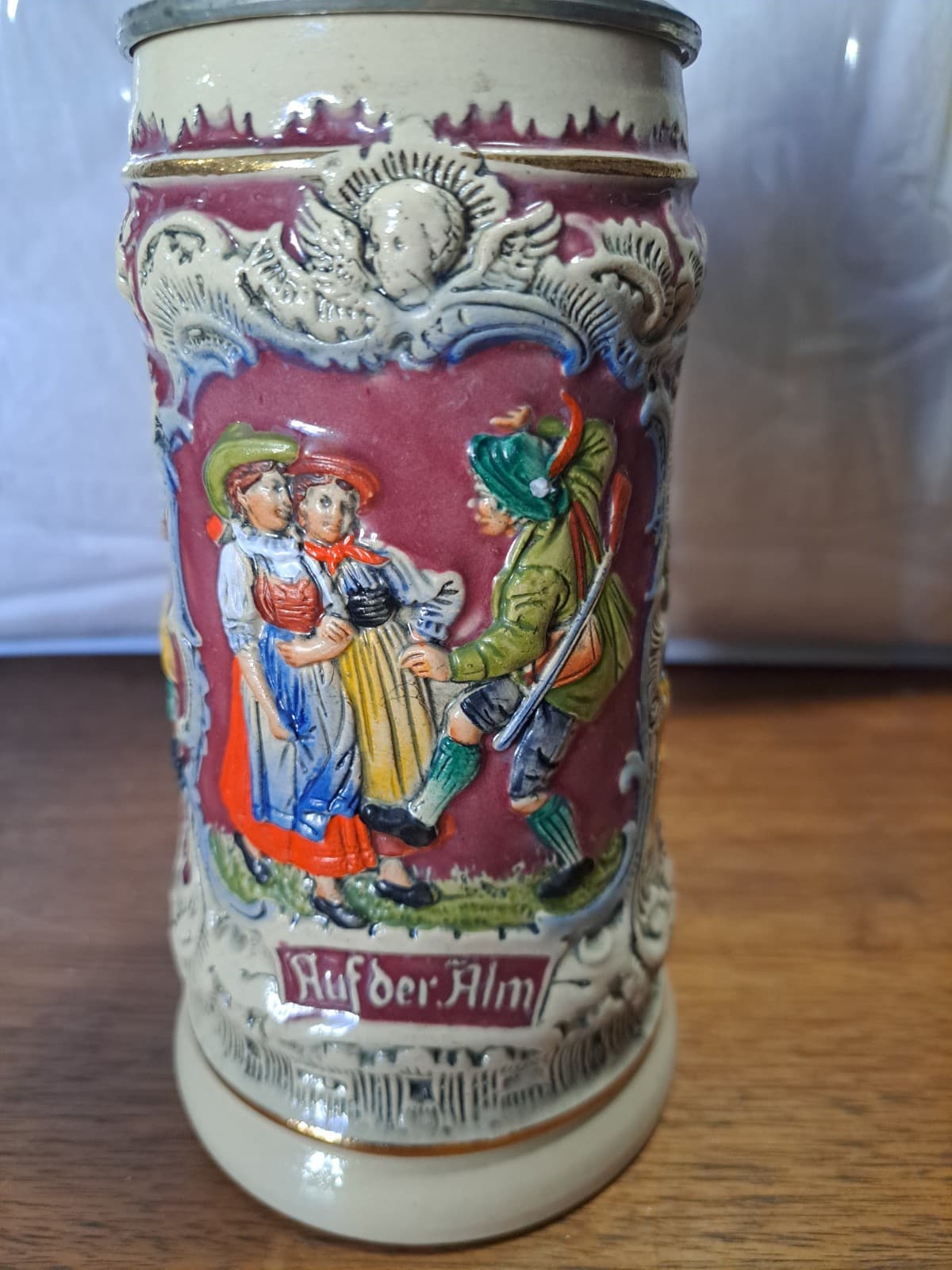 ALT GRENZAU 1894 Ceramic Beer Stein w/ Lid 3 Panel Tavern Scene Western Germany