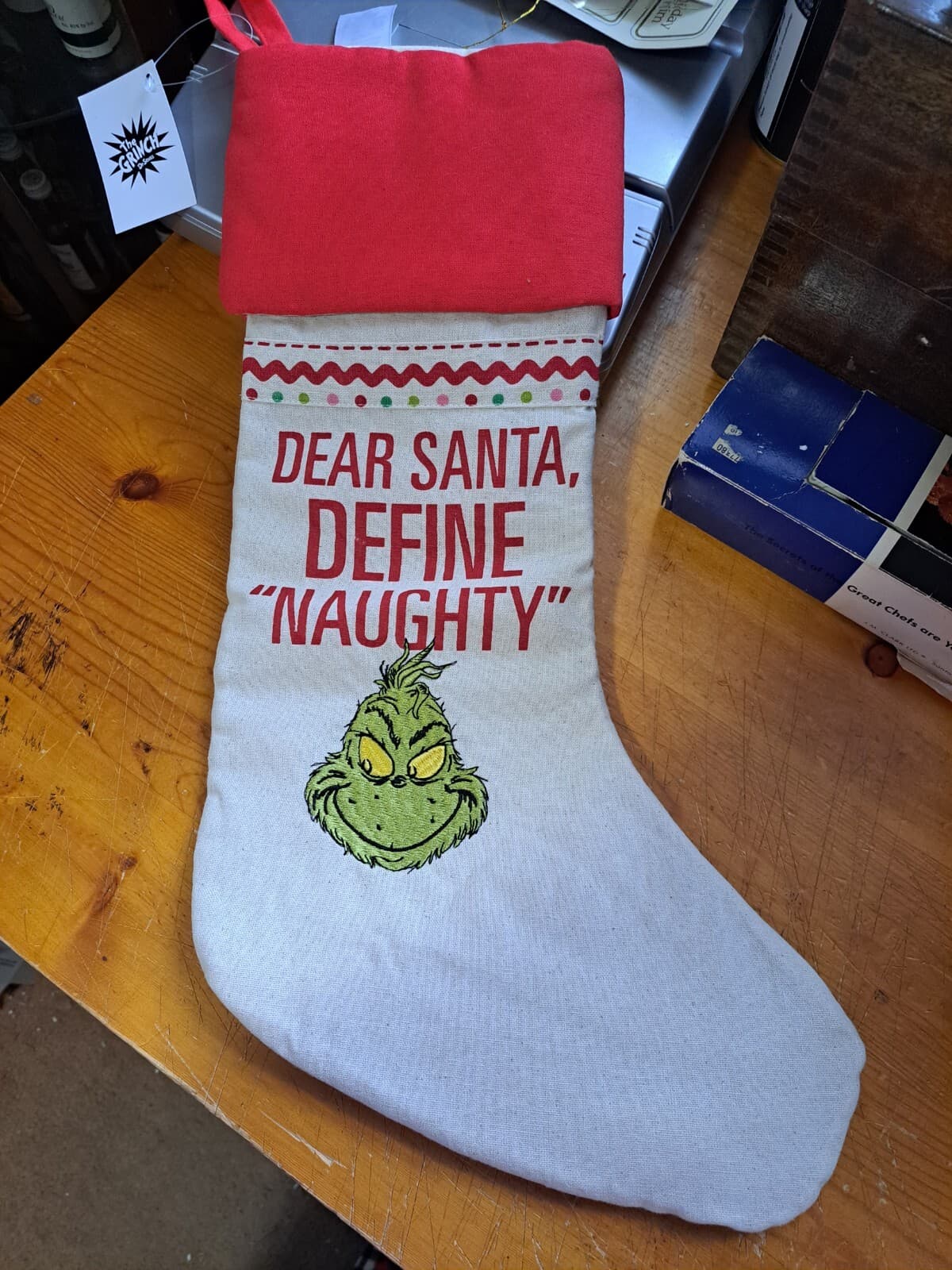 Dept. 56 Dr. Seuss Grinch Dear Santa Define Naughty Christmas Stocking NWT