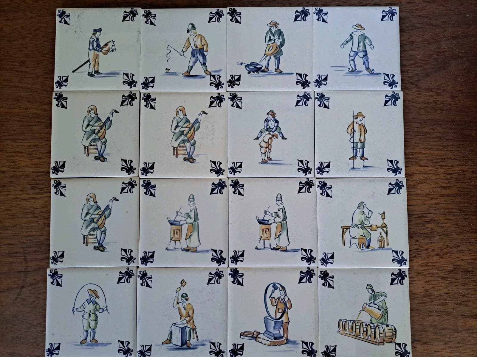 VTG Set 16 KLM Airline Dutch Delft Blue POLYCHROME Tile Coaster Games Workers 3"