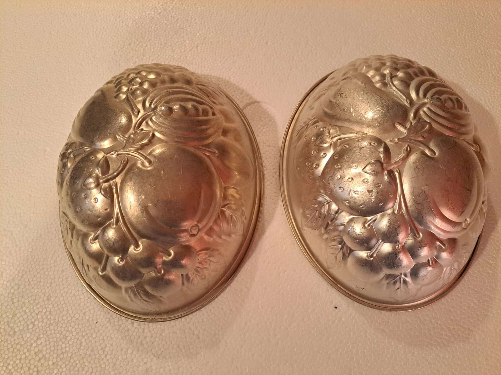 Vintage Pair Aluminum 8" Oval Egg w/ Fruit Design Molds Ice Jello Cake Chocolate