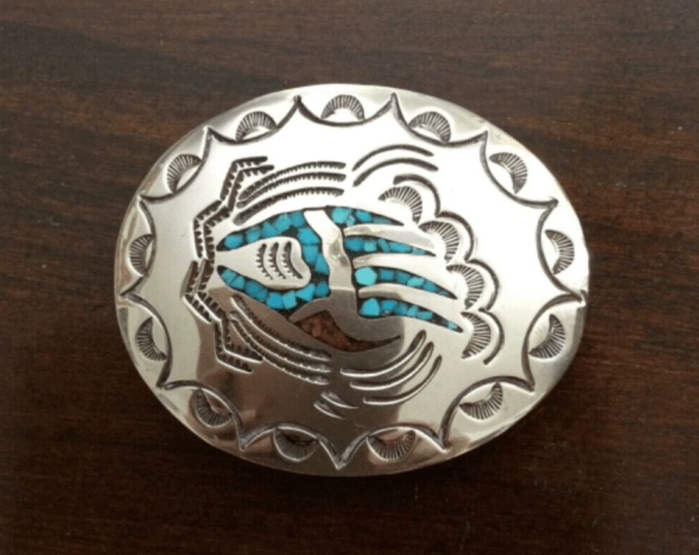 J. Nezzie Navajo Native American Bear Paw Coral Turquoise Inlaid Belt Buckle 22g
