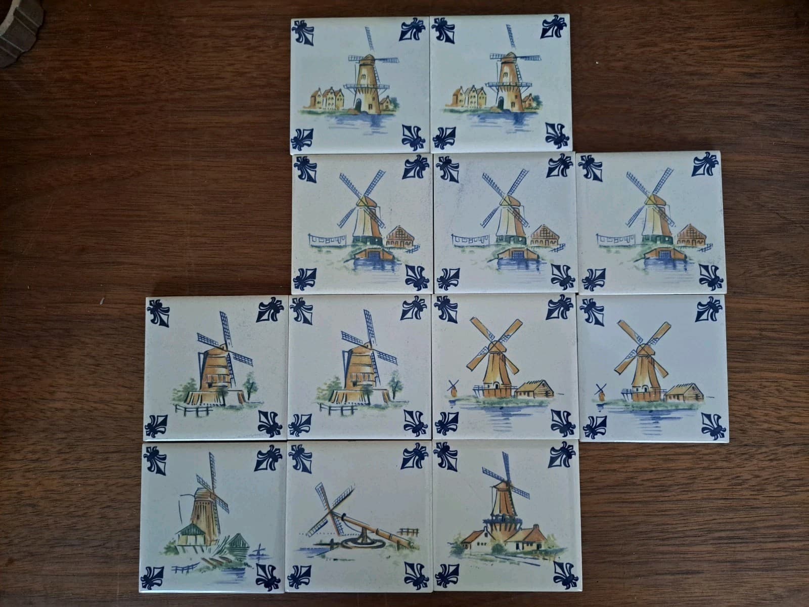 Vintage Set 12 KLM Airline Dutch Delft Ceramic POLICHROME Tile Coaster Windmills