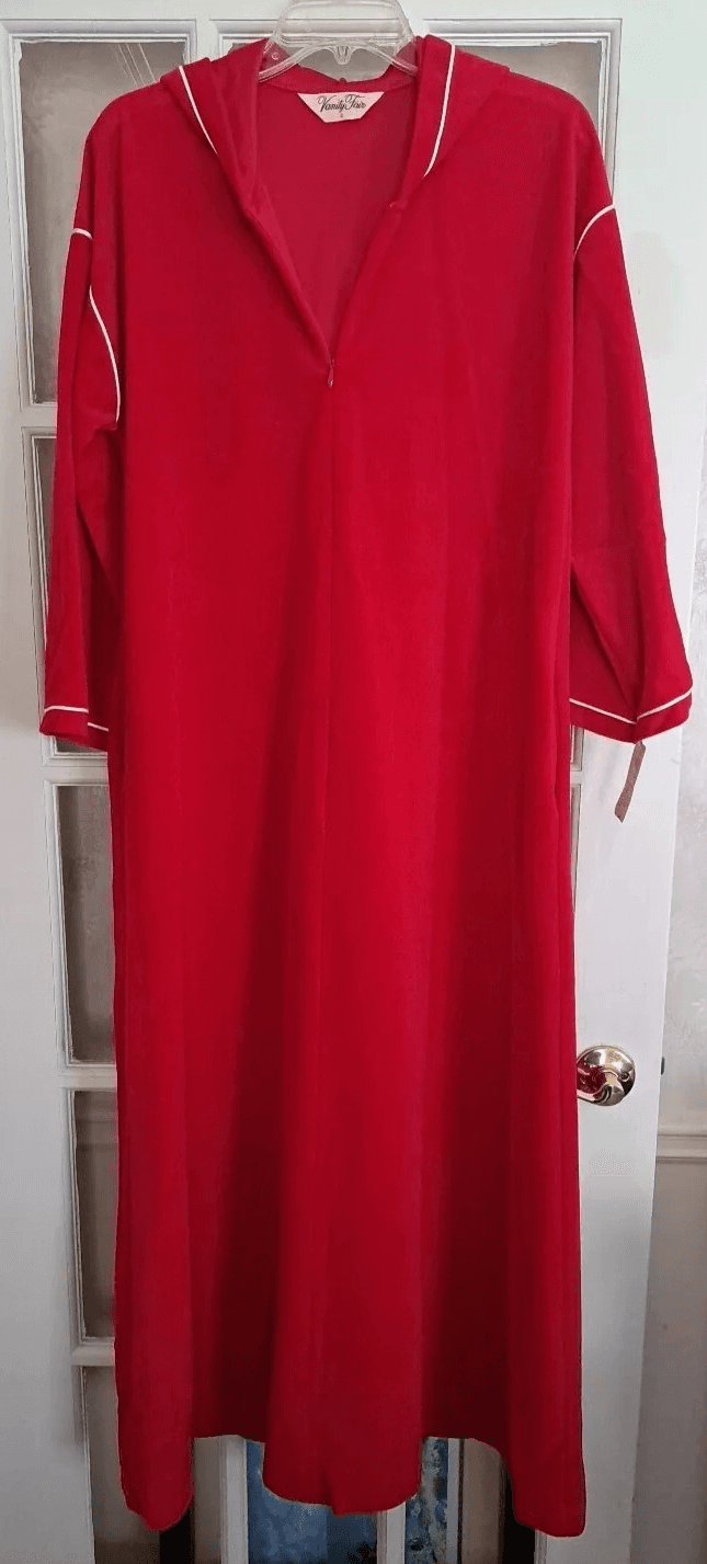 Vanity Fair Zip Up Robe Sz Small S Red Shevelva Velour Gown w/ Hood NWT VTG 54”