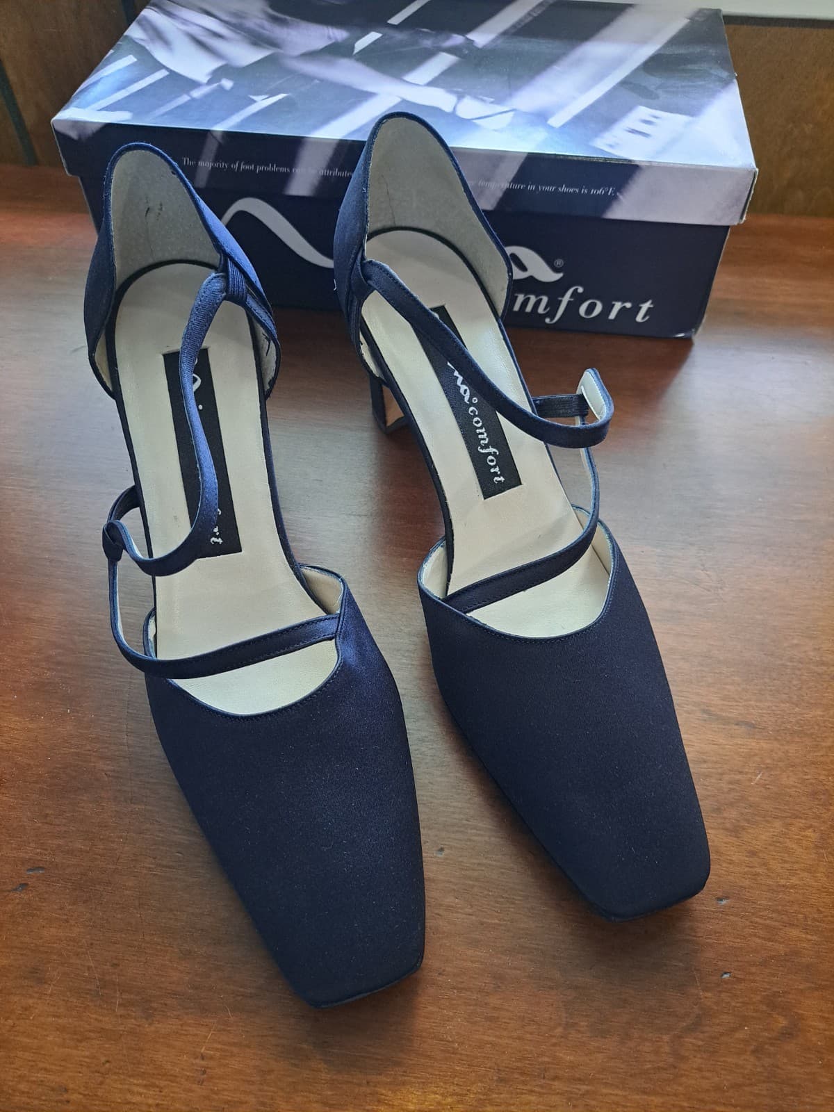 Nina Comfort Navy Blue Satin Style Strapy Evening Shoes Dress Heels Sz 9.5 Spain