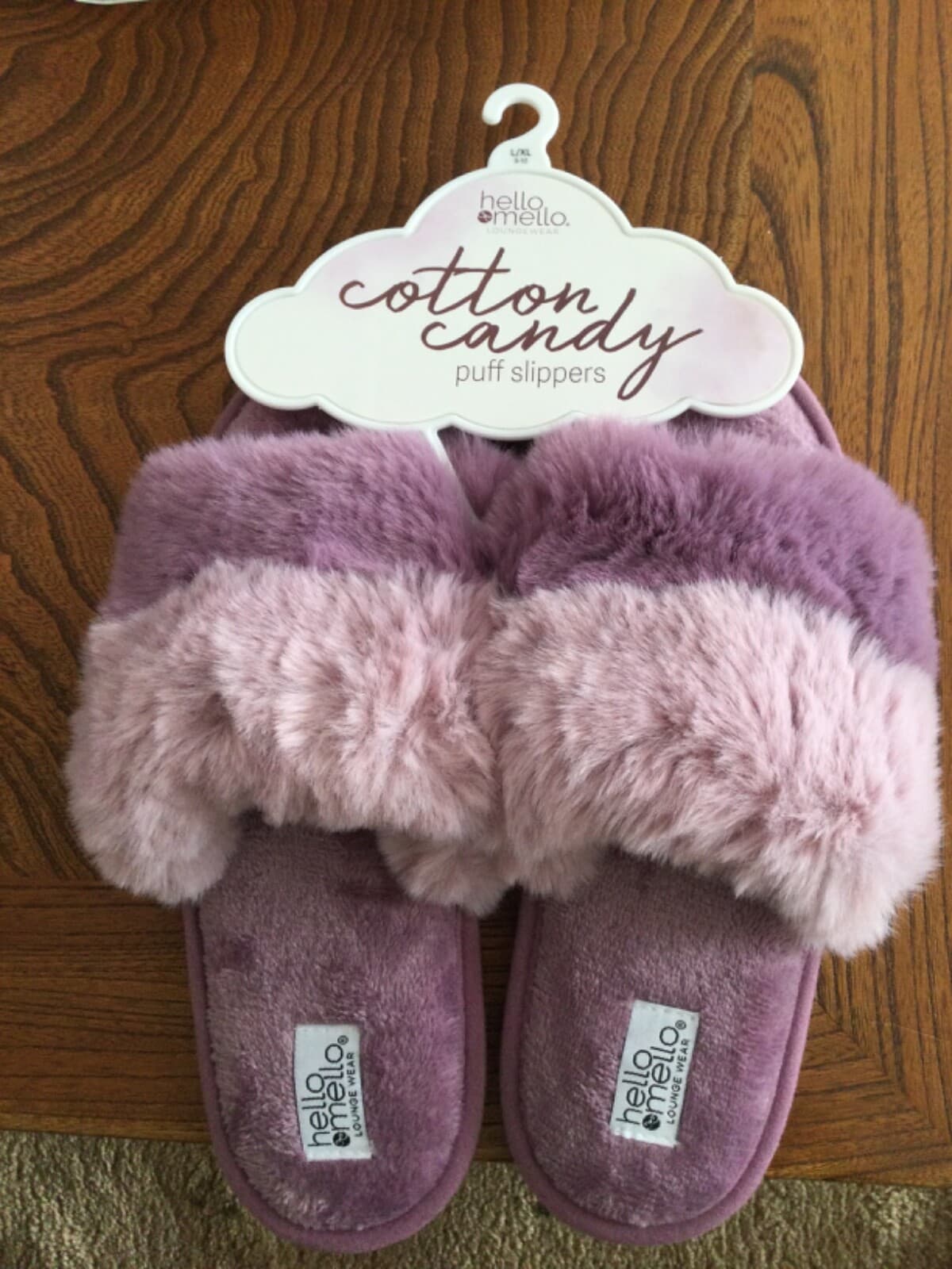 Hello Mello Cotton Candy Vegan Fur Plush Open Toe Slide Slippers Purple L/XL NEW