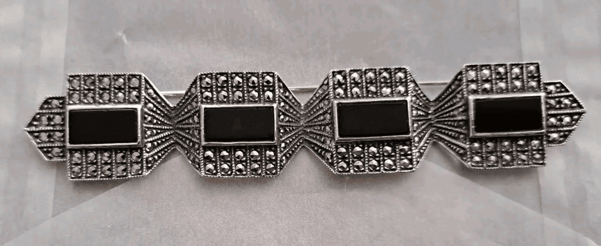 Judith Jack Brooch Pin Sterling Silver Marcasite & Onyx Nouveau Art Deco 925