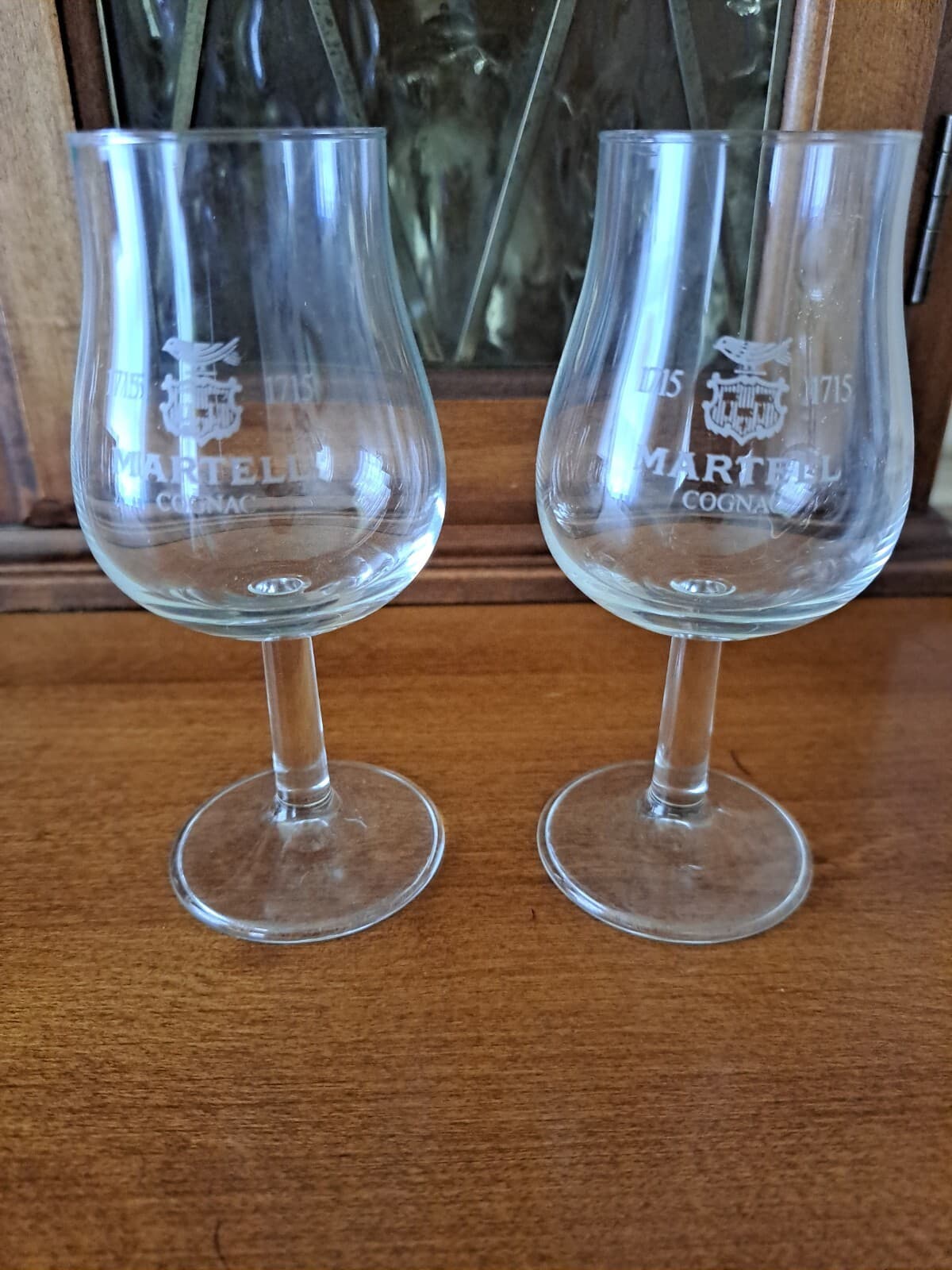Martell Cognac Logo Stemmed Tulip Sipping Tasting Cordial Snifter Glasses Set/ 2