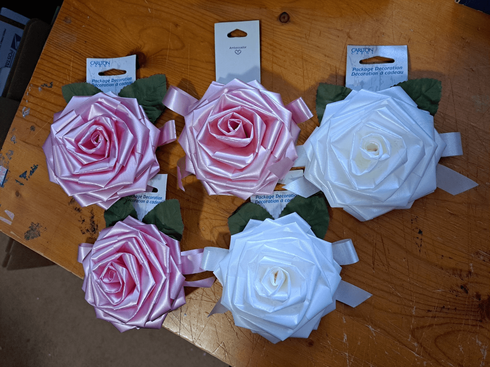 Carlton Cards Lot/5 Pink & White Rose Flower Gift Wrap Bow Present Topper NOS