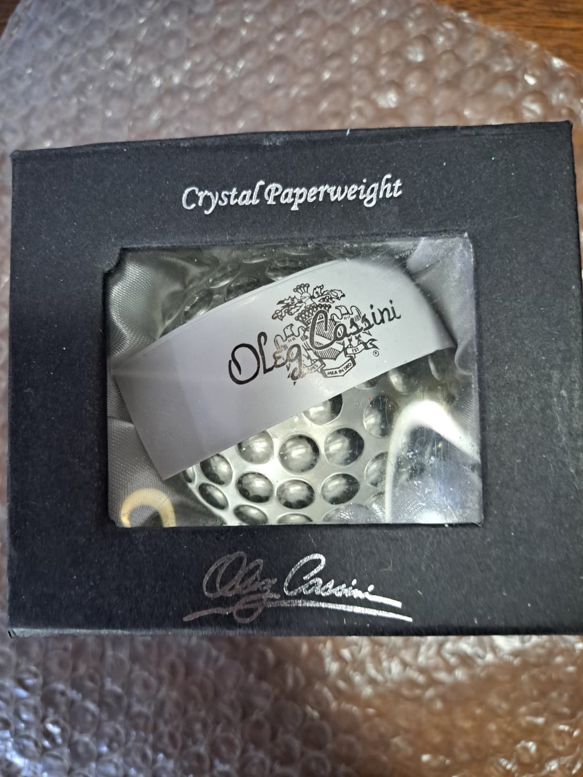 Oleg Cassini Crystal Glass Golf Ball Paperweight Clear Signed 3"