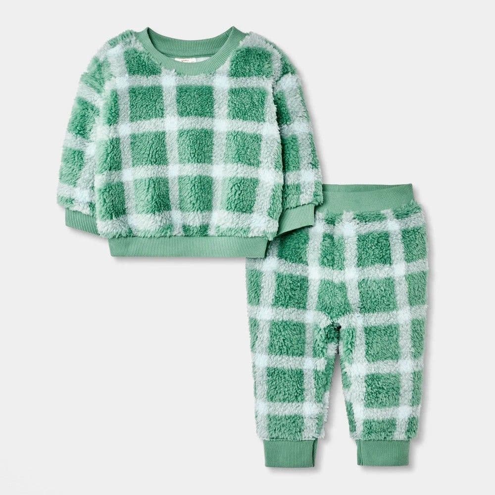 Baby Boys' 2pc Plaid Faux Shearling Sweatshirt and Jogger Pants Set - Cat & Jack™ Green 3-6M