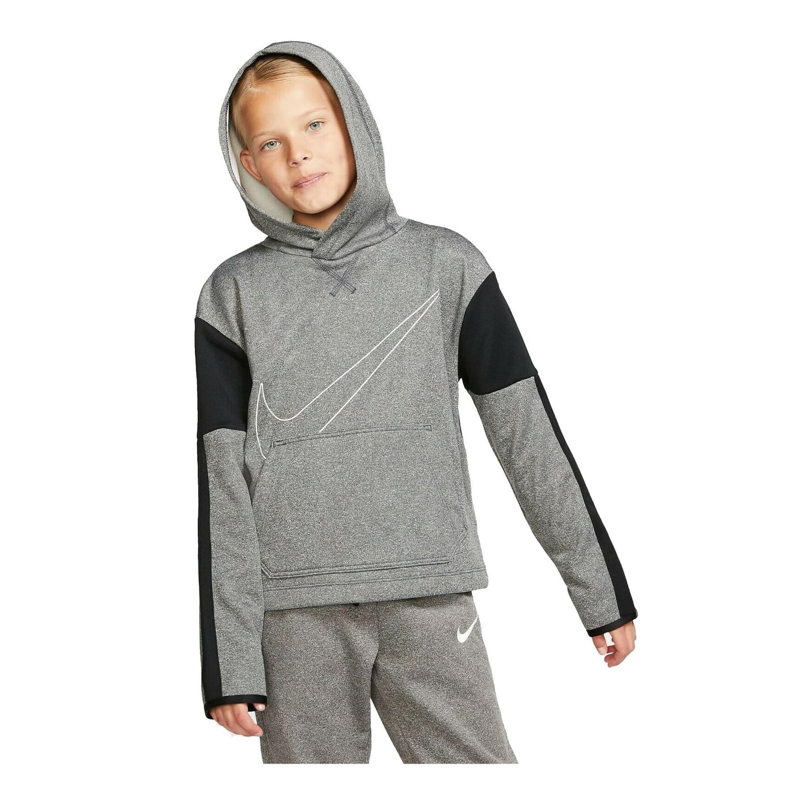 Nike Girl's Therma Fleece Graphic Pullover Hoodie Gray Large