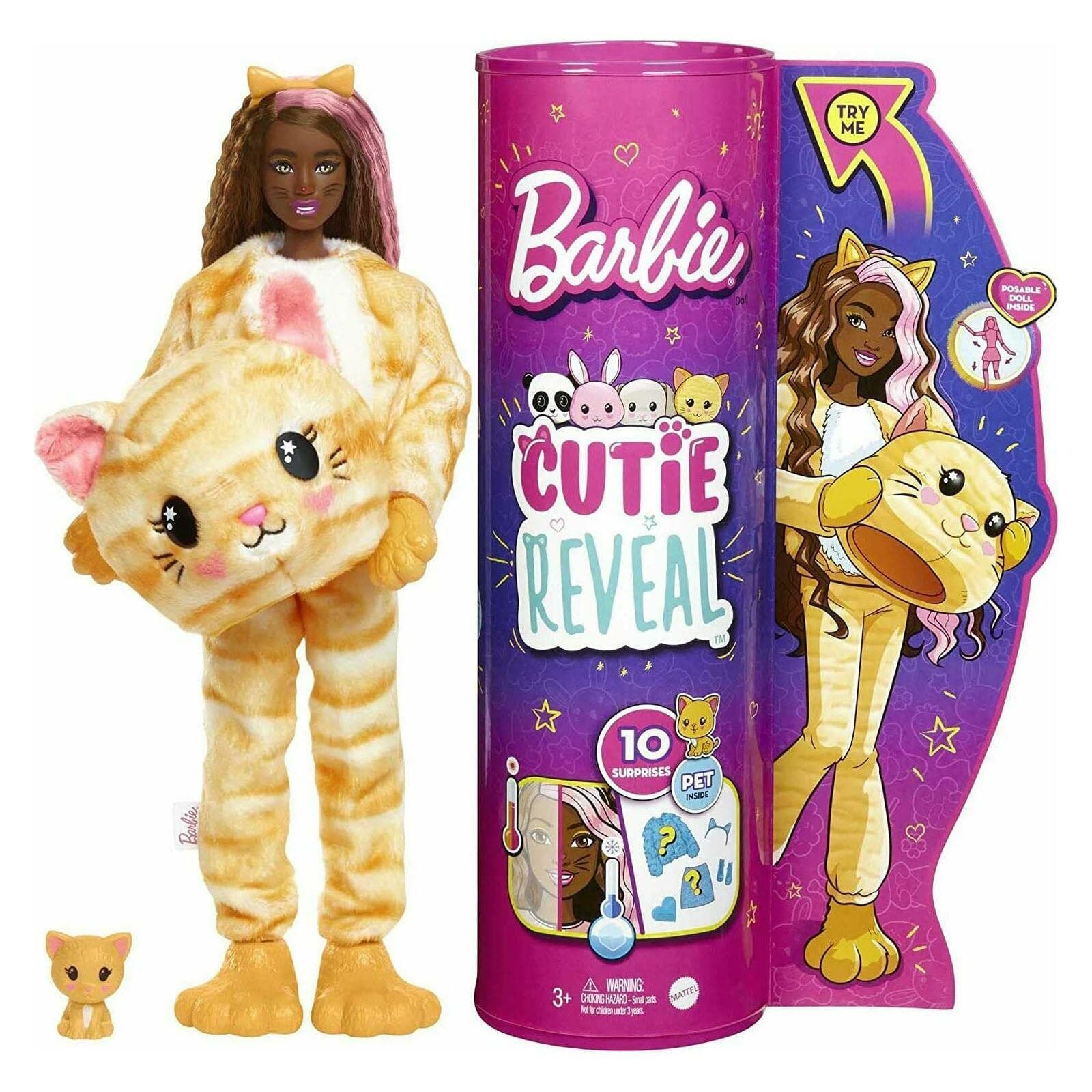 Barbie Cutie Reveal Doll & Pet Kitty Plush Kitten Costume 10 Surprises