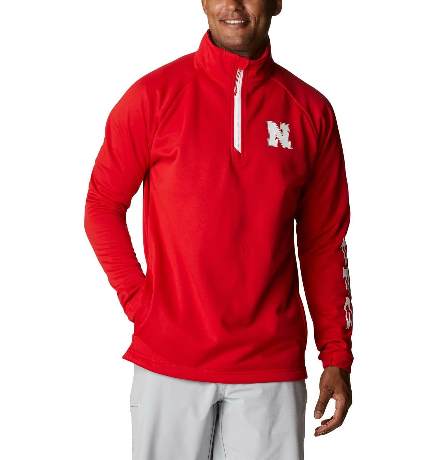 Columbia Men's Nebraska Cornhuskers Tackle Fleece 1/4 Zip PFG Jacket Red Large