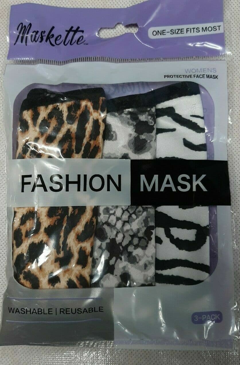 Maskette Fashion Masks 3Pk. One-Size Fits Most Washable/Reusable Animal Print