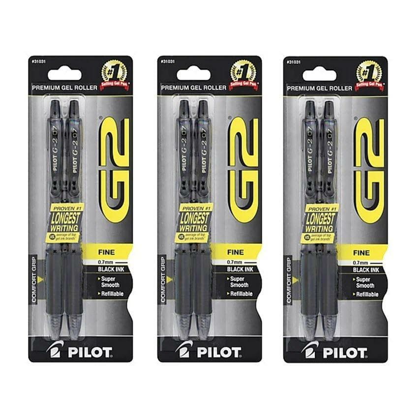 Pilot G2 Pen Black Ink 31031 Premium Gel Roller Fine 0.7mm 3 Pack 6 Pens