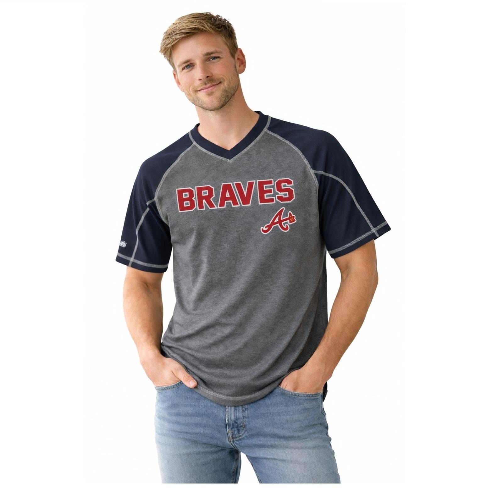 Stitches Men's Atlanta Braves Performance Raglan T-shirt Blue Gray Red Medium