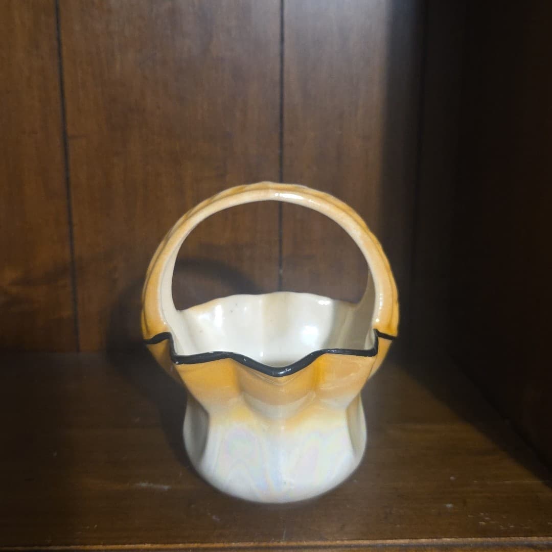Antique Czechoslovakia orange and blue lusterware pottery basket
