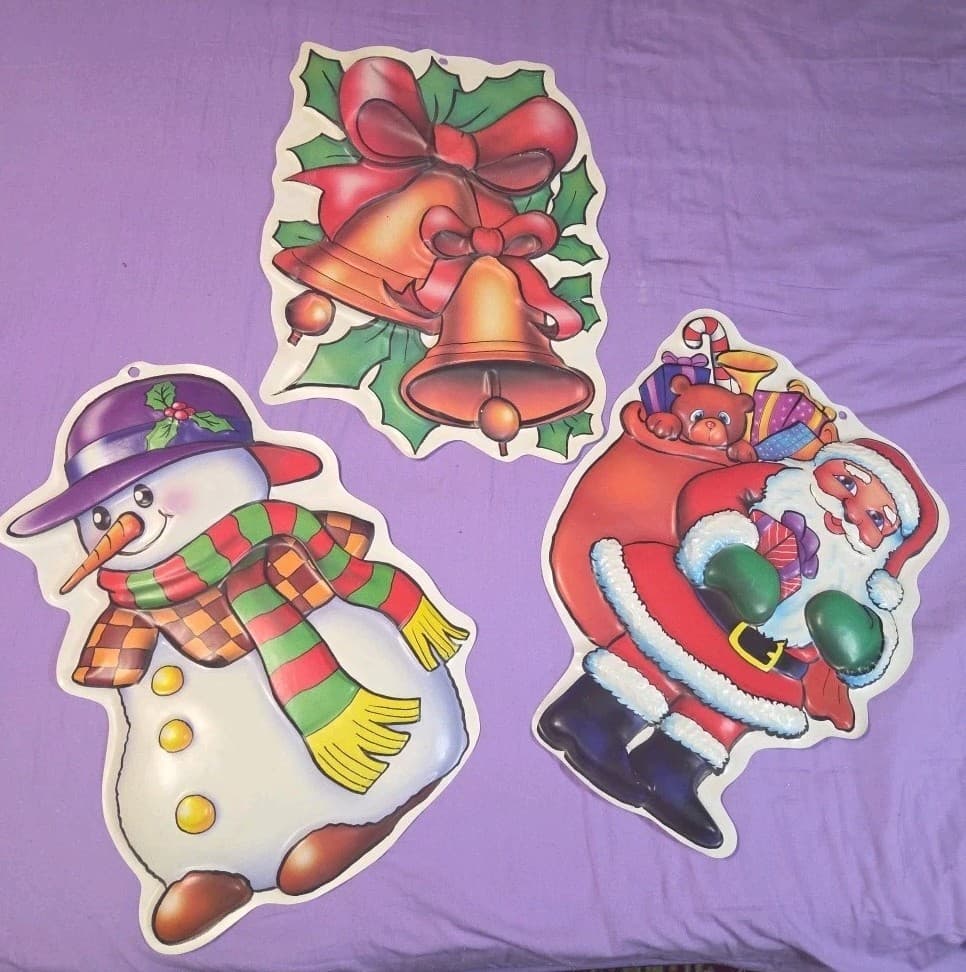 3 Vintage 20" Molded Plastic 3D Christmas Wall Decoration BELLS SANTA FROSTY