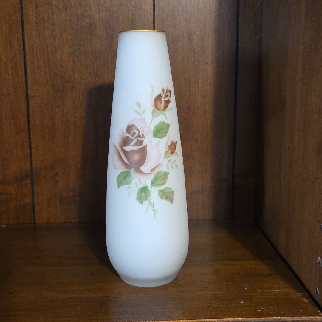 Hand painted Roses opalescent satin frosted glass flower bud vase Japan Vintage