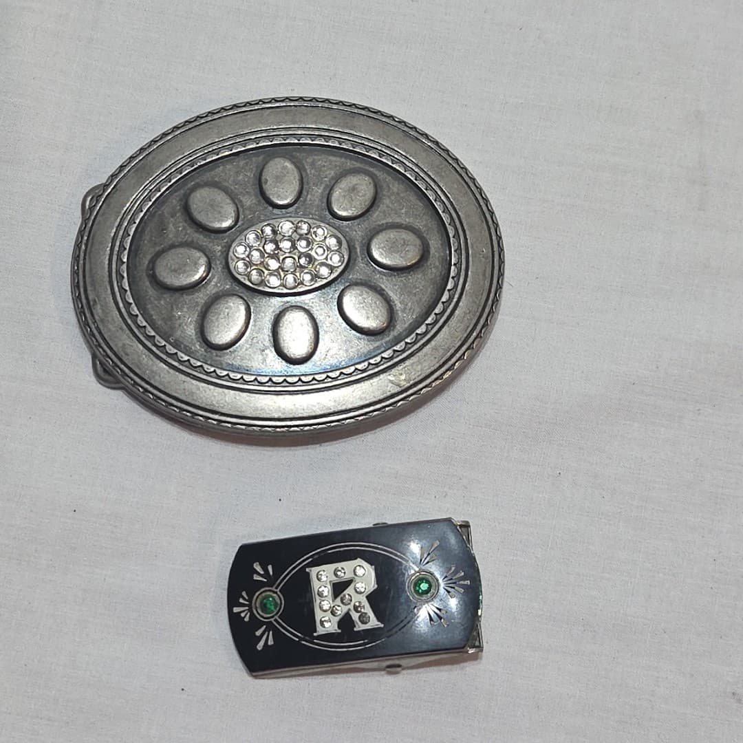 Lot Of 2: Flower Hippy Style & Old Celluloid And Rhinestone Belt Buckles