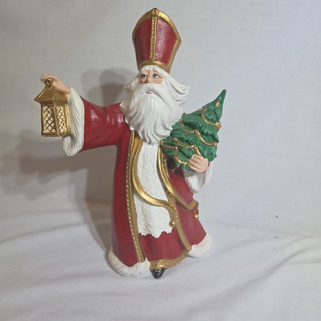 Vintage Ceramic Saint Nicholas Holding Lantern and Tree