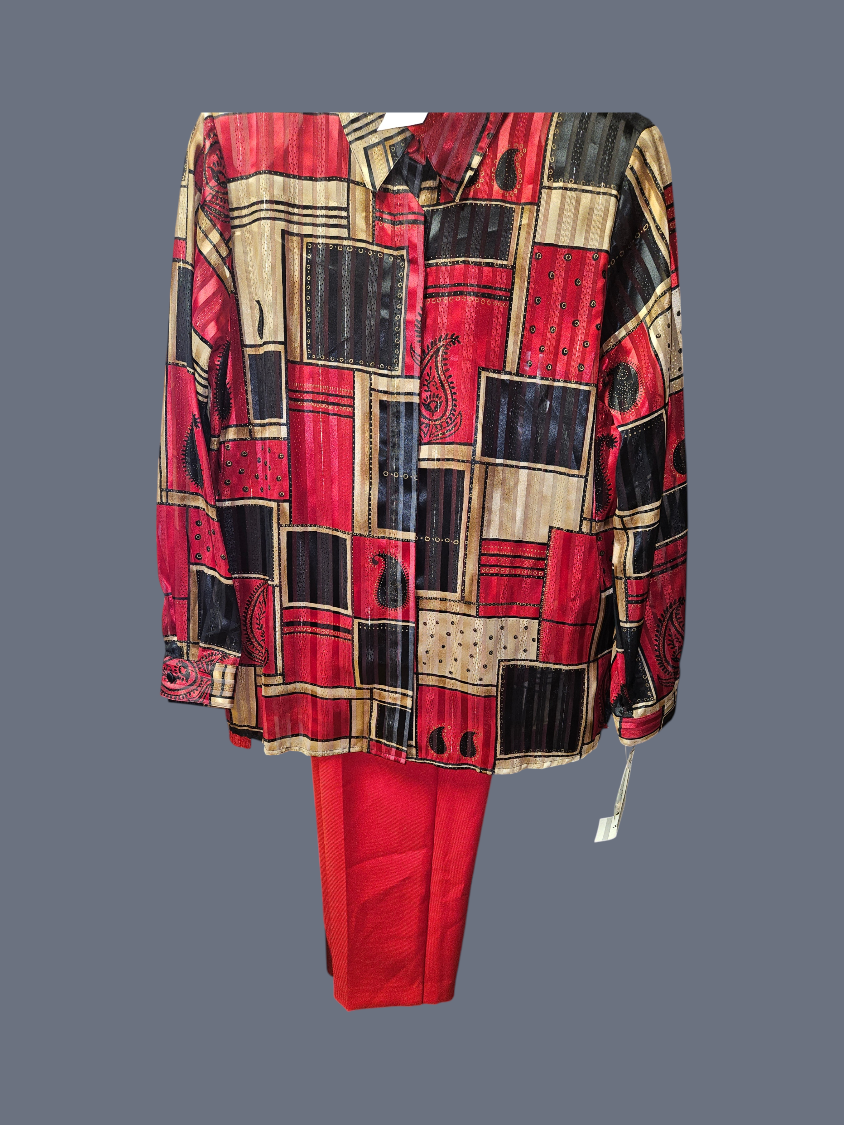 Vintage Red Patterned Blouse and Pants Set