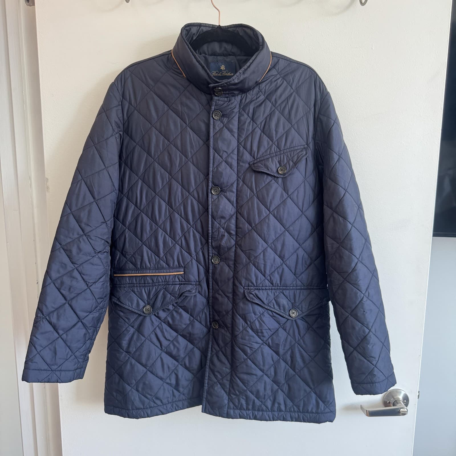Brooks Brothers Quilted Full Zip Jacket Coat Stand Collar Pockets Blue Mens M