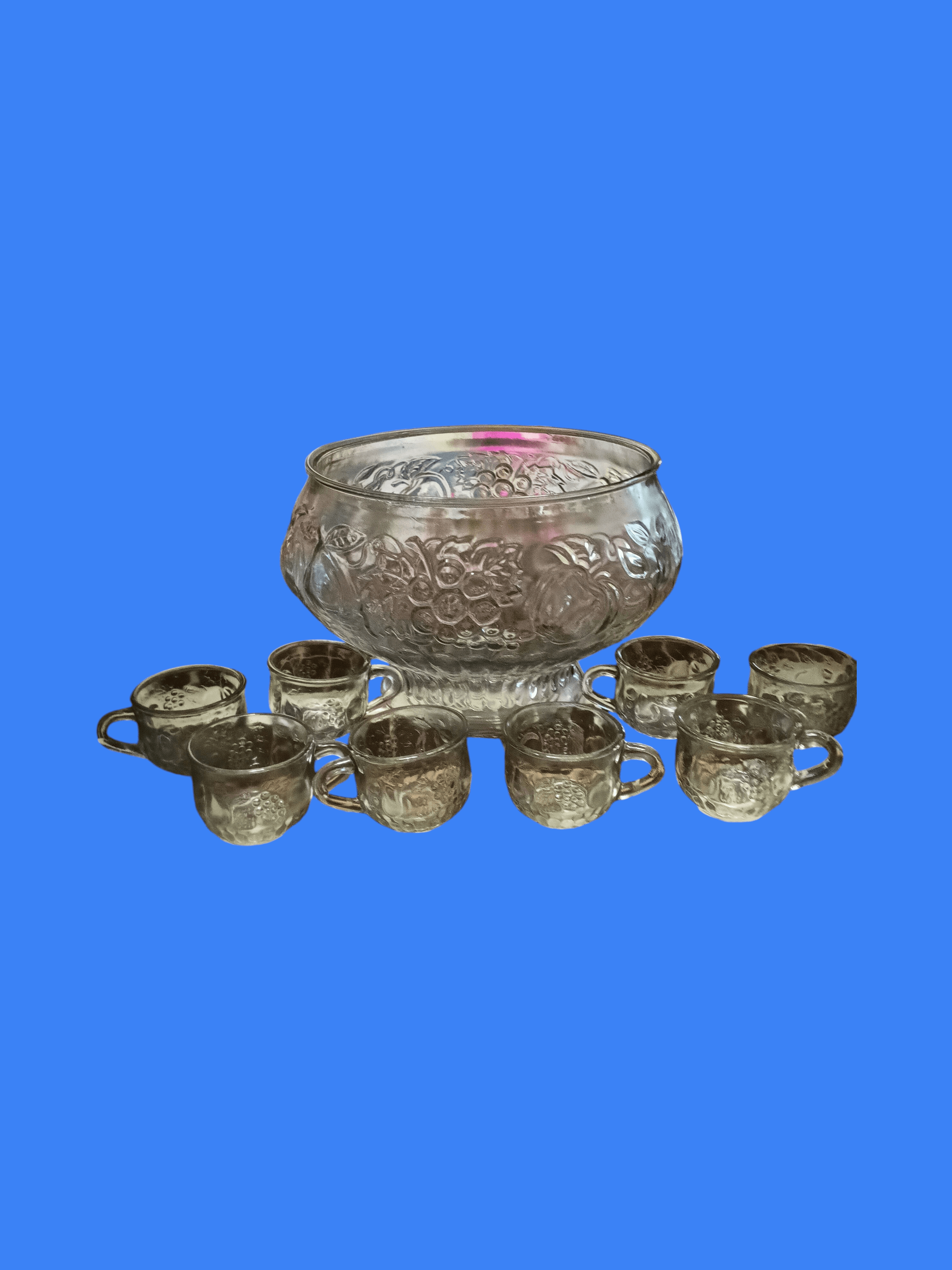Vintage Glass Punch Bowl Set with 8 Cups