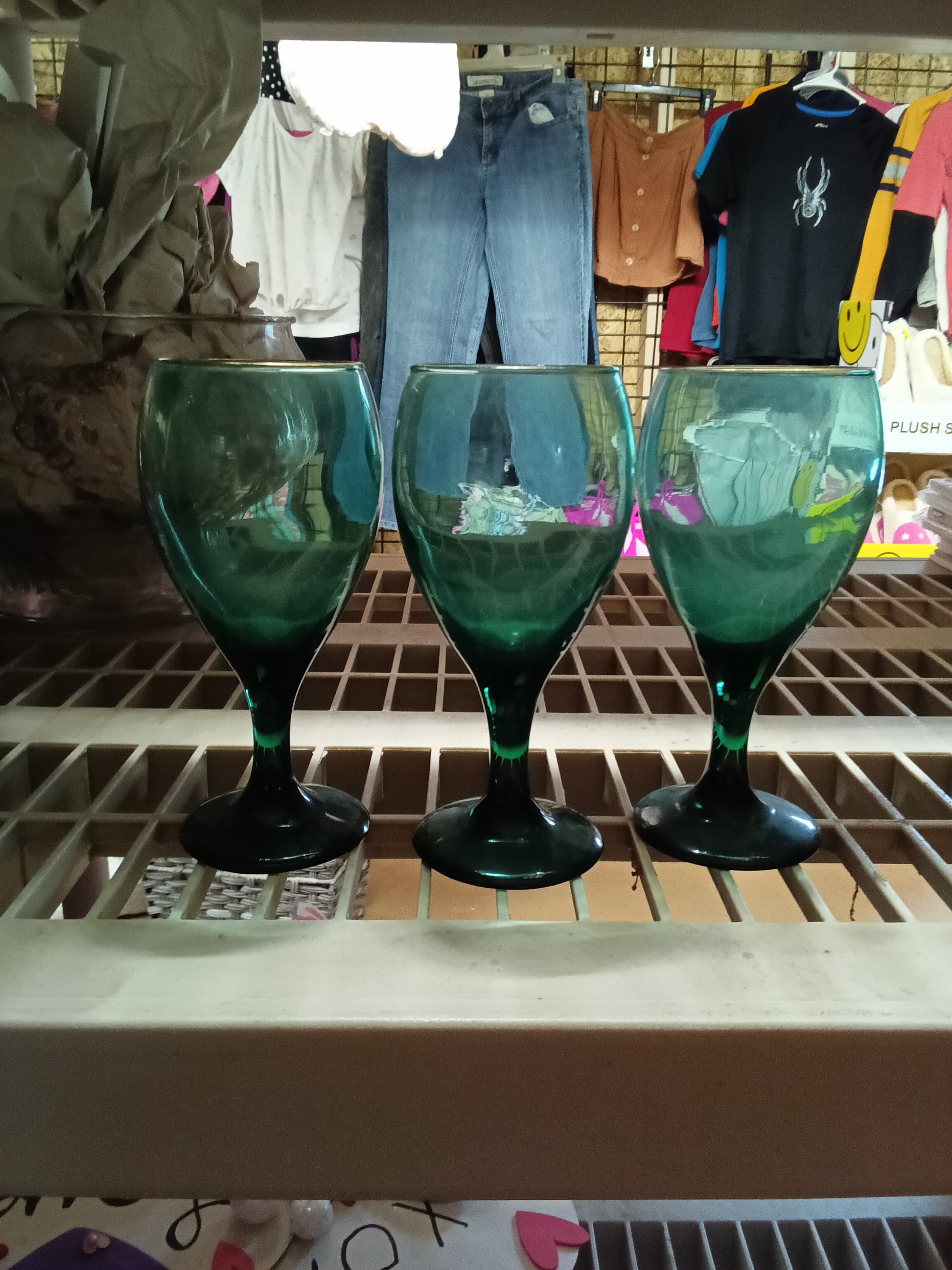 Set of 3 Green Glass Goblets with Gold Rim