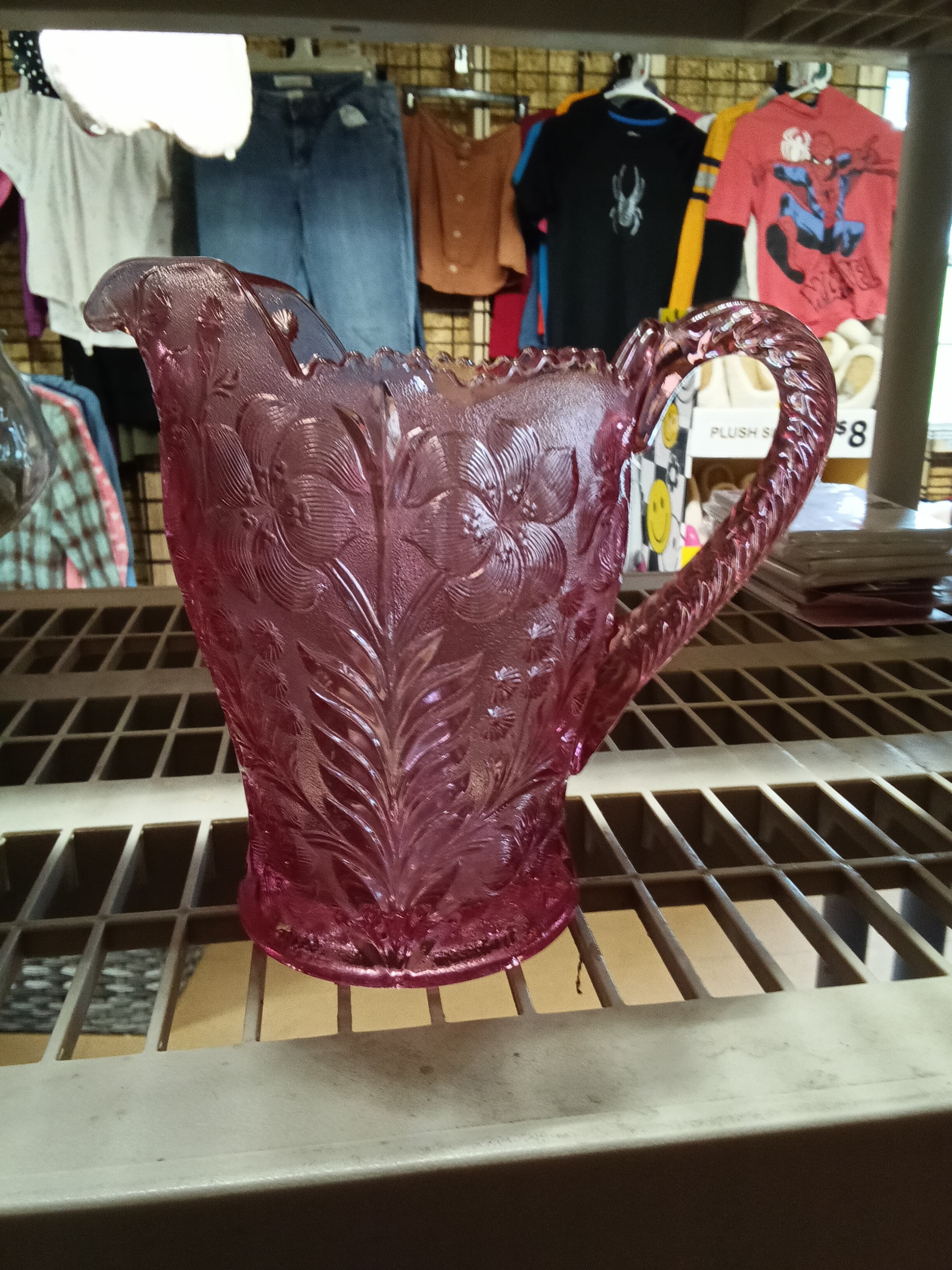 Vintage Pink Glass Pitcher with Floral Design