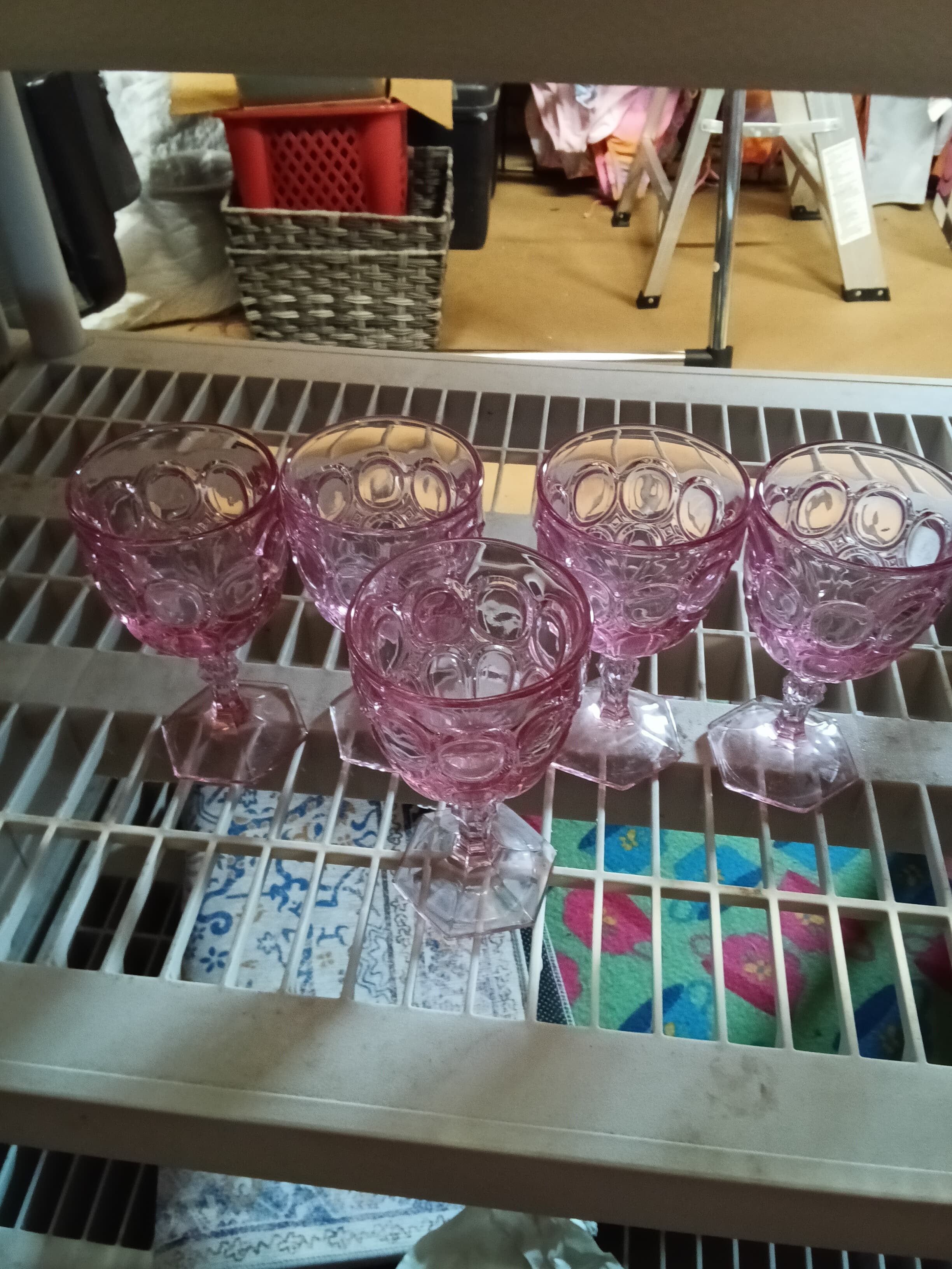 Set of 5 Pink Vintage Glass Goblets with Bubble Design