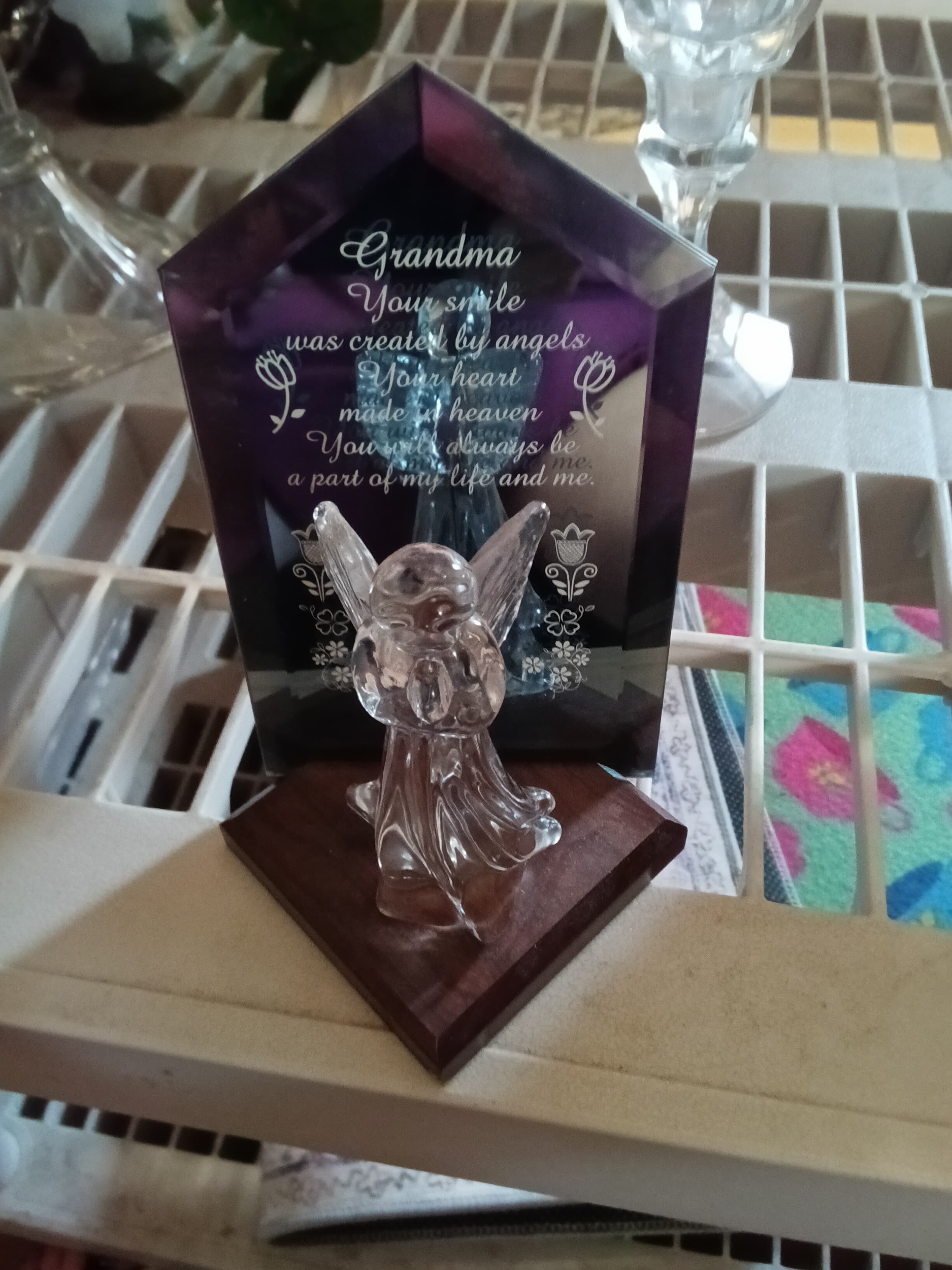 Grandma Memorial Glass Plaque with Angel Figurine