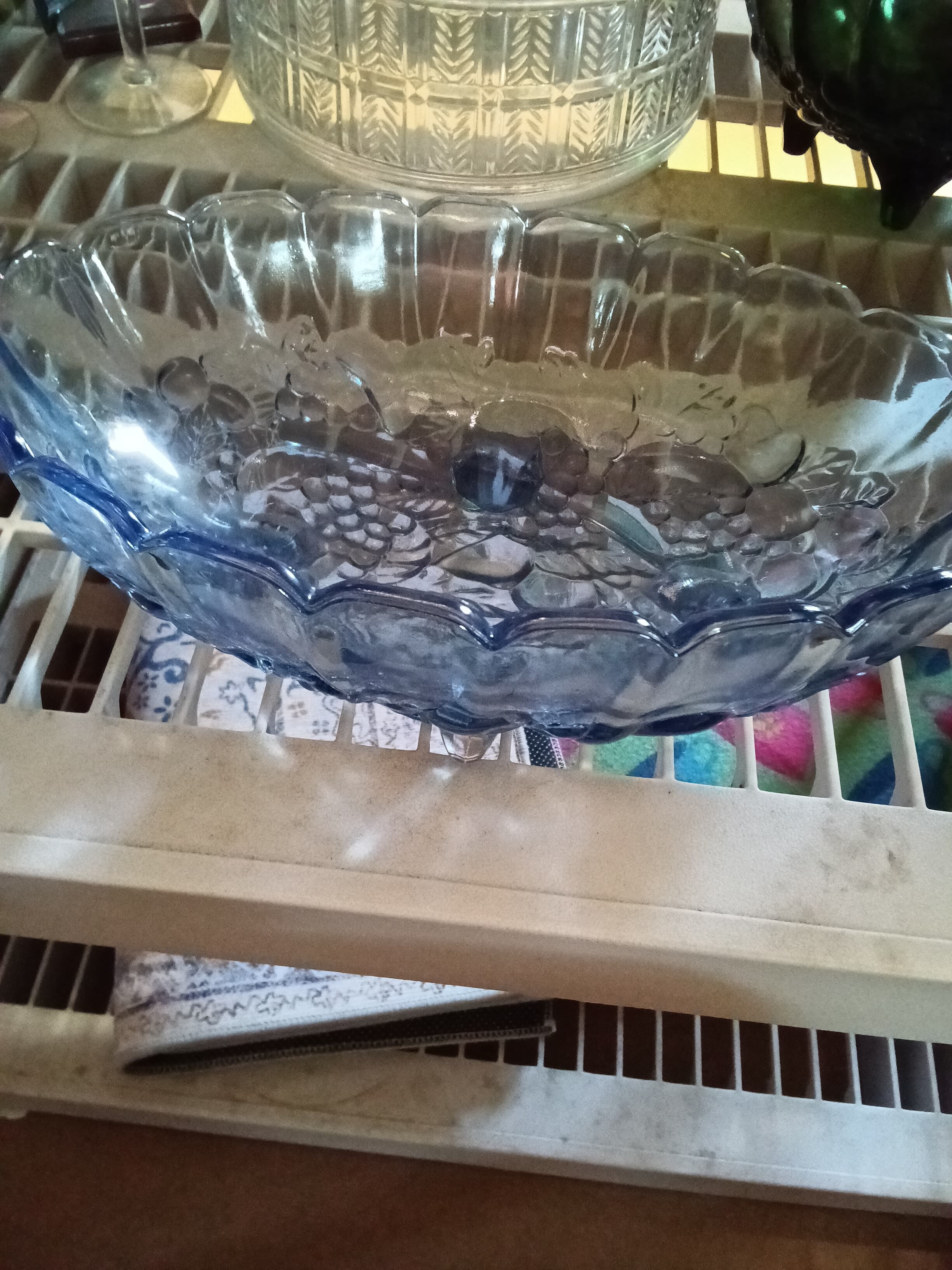 Vintage Blue Glass Fruit Bowl with Raised Design