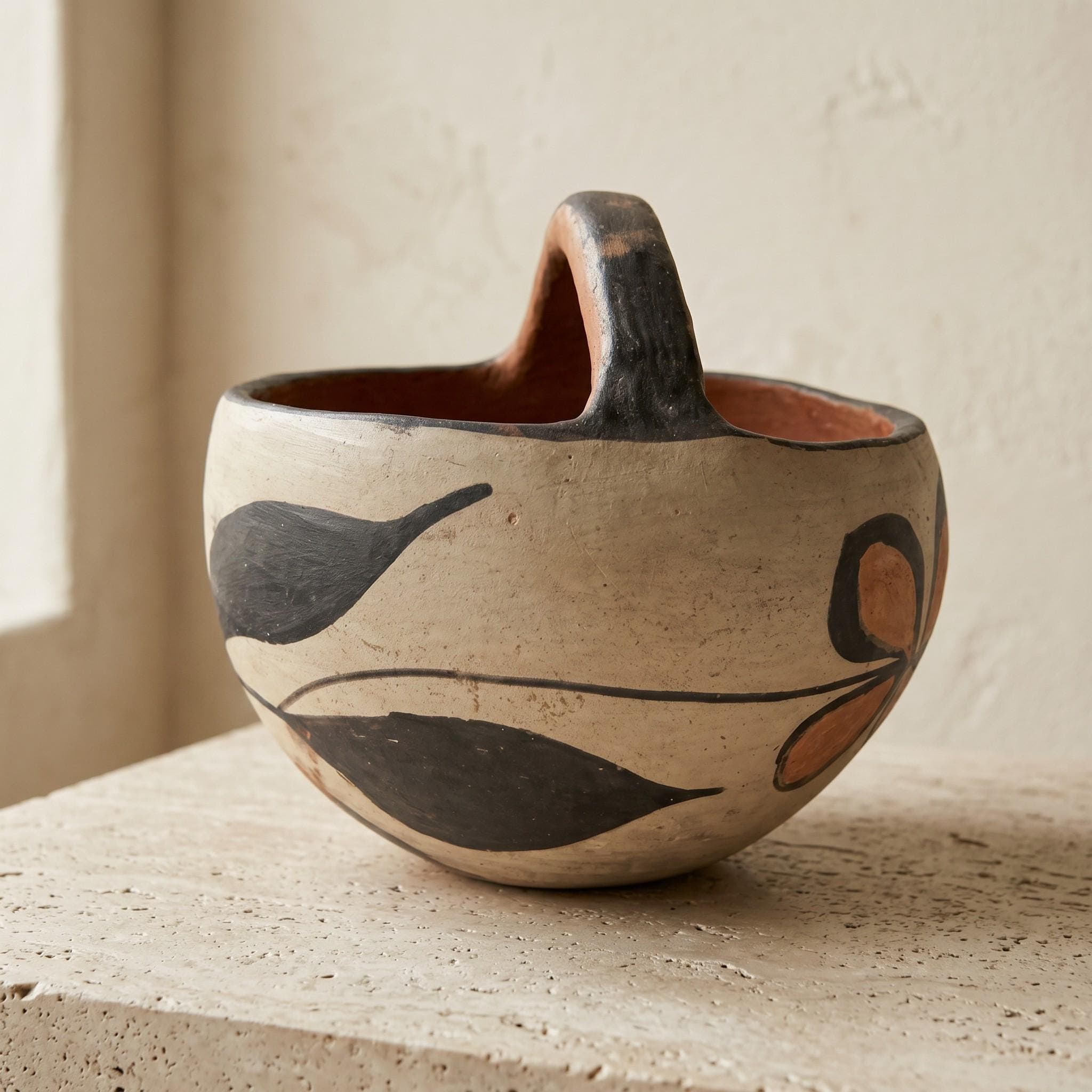 Vintage Santo Domingo Kewa Pueblo Pottery Basket Bowl – Hand-Painted Southwestern Clay Vessel
