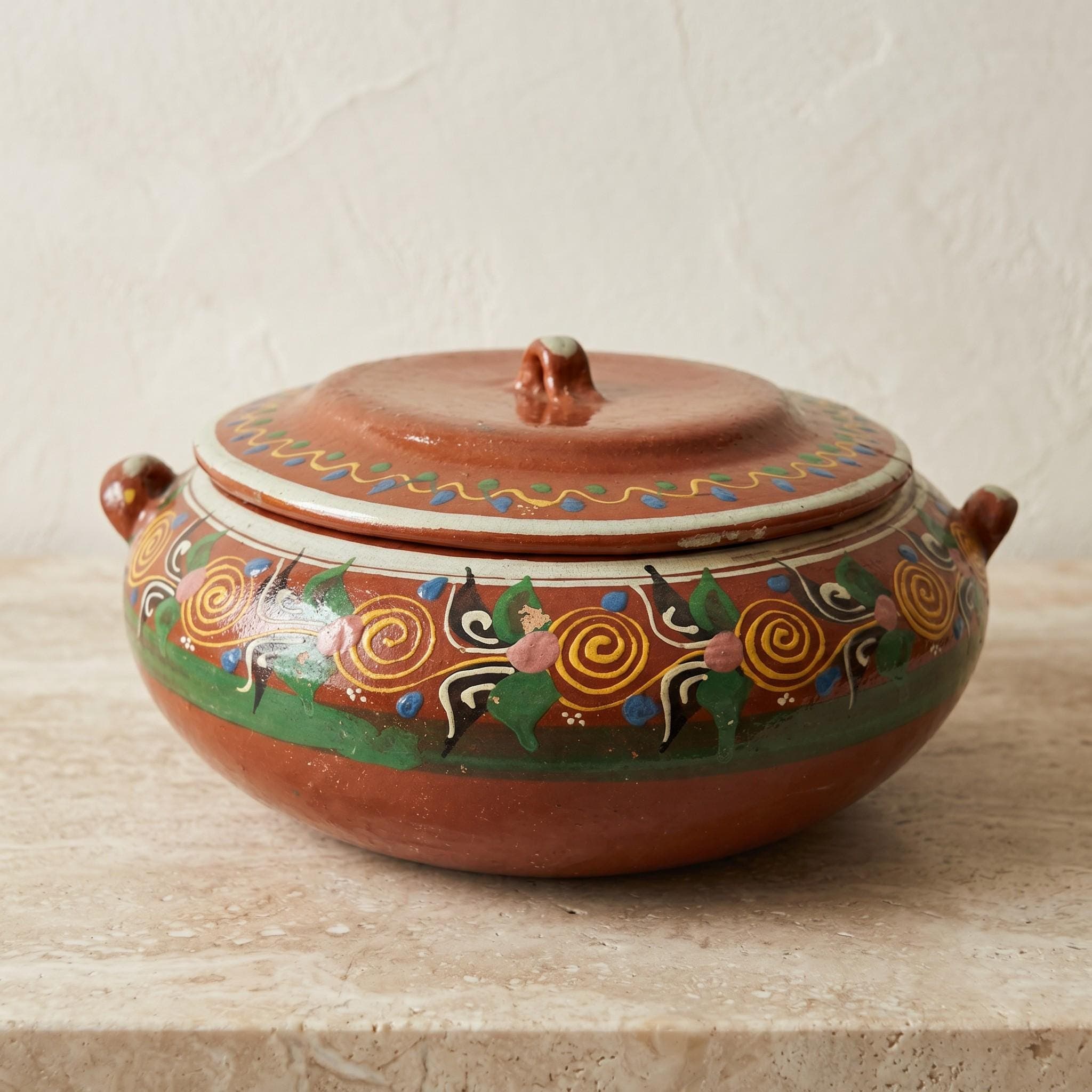 Vintage Tlaquepaque Covered Mexican Bean Pot Red Clay Hand Painted Hacienda Kitchen Decor 1960