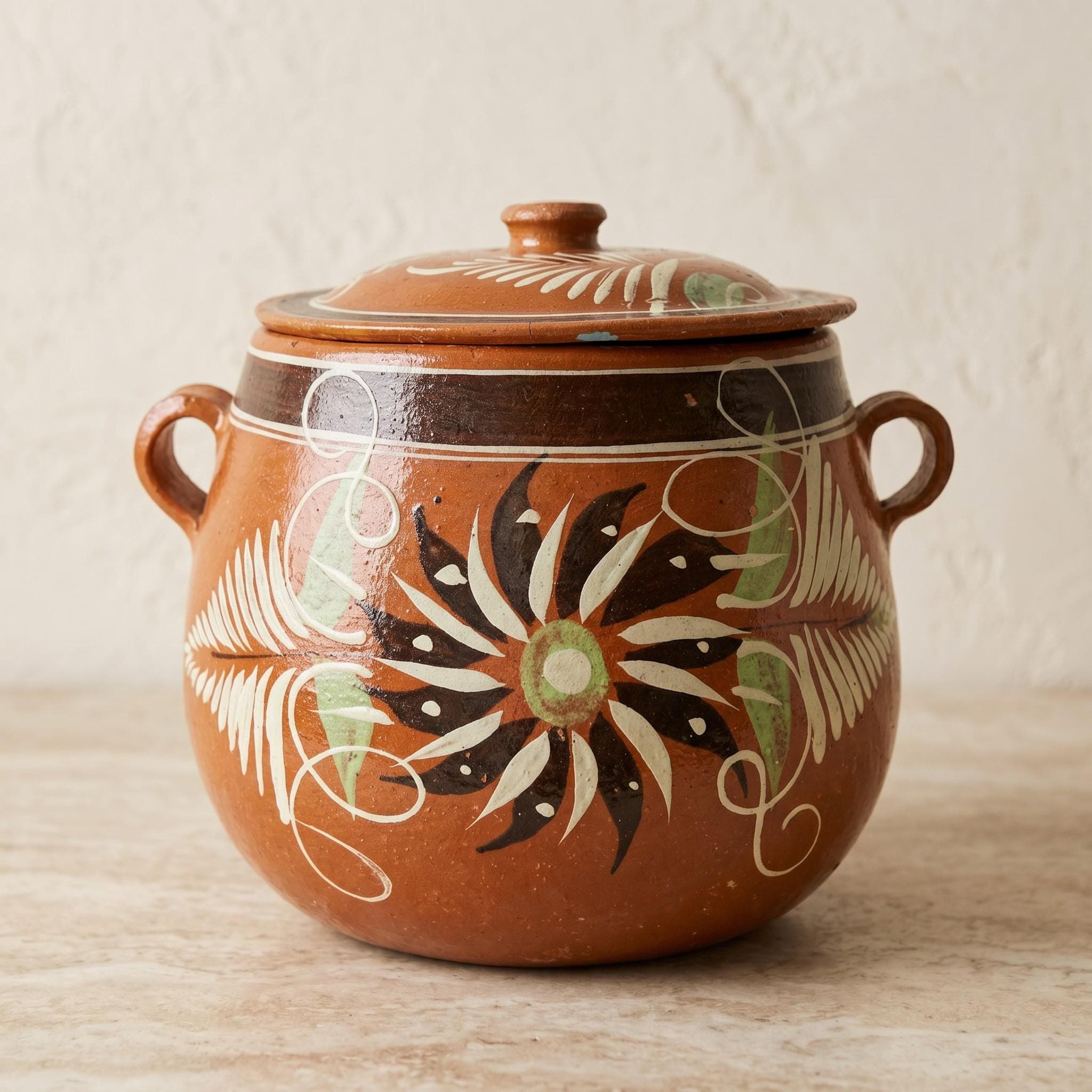 Vintage Tlaquepaque Mexican Bean Pot: Hand-Painted Red Clay Hacienda Kitchen Decor