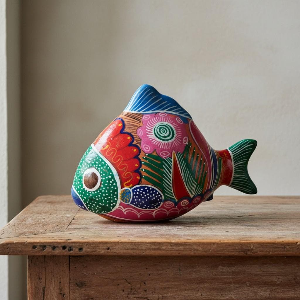 Vintage Mexican Tonala Fish Figurine Hand Painted Terra Cotta Folk Art Colorful Pottery Decor