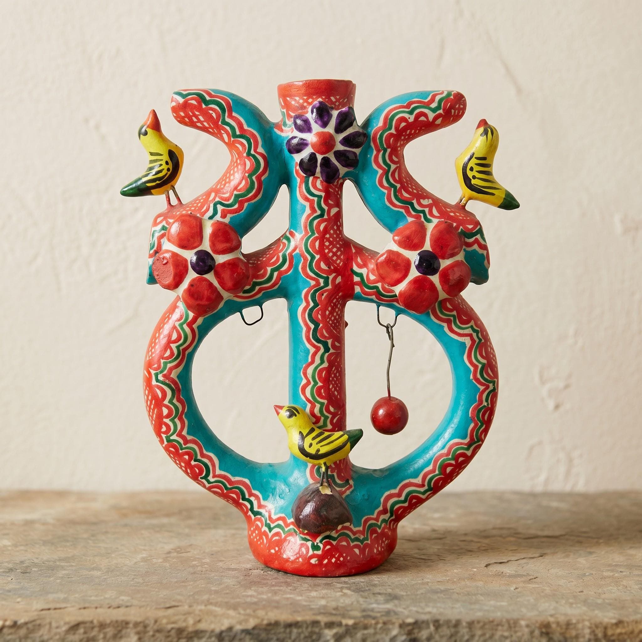 Vintage Mexican Folk Art Candelabra: Hand-Painted Clay Tree of Life, Birds, Hacienda Decor