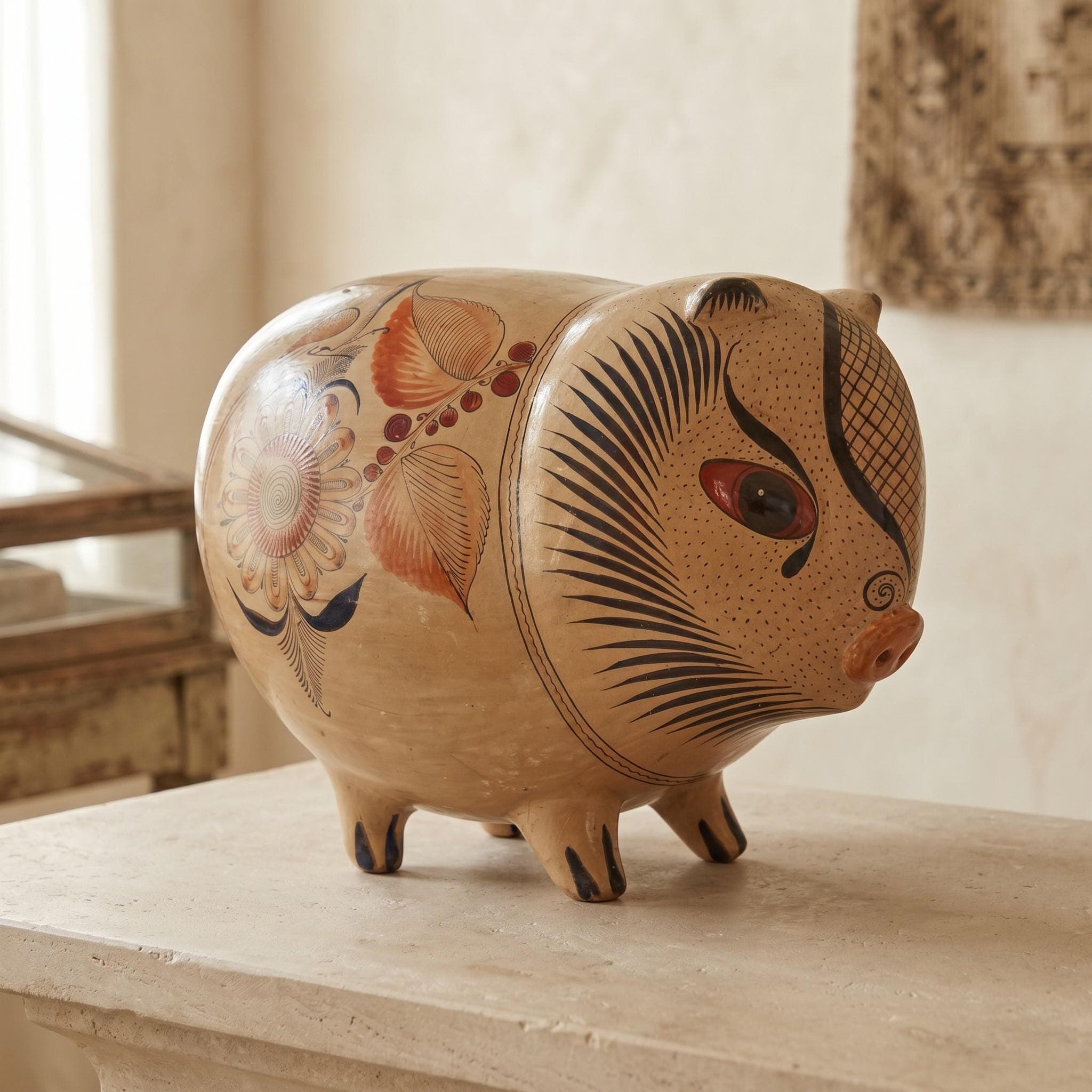 Vintage Tonalá Hand Painted Clay Pig: Mexican Folk Art Hacienda Decor