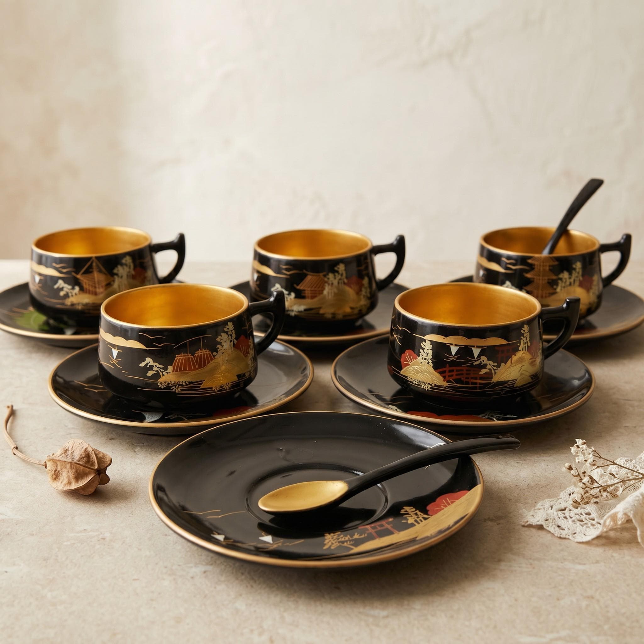 Vintage Japanese Black Lacquer Tea Set – Hand-Painted Gold Gilded Scenic Cups, Saucers, Spoons