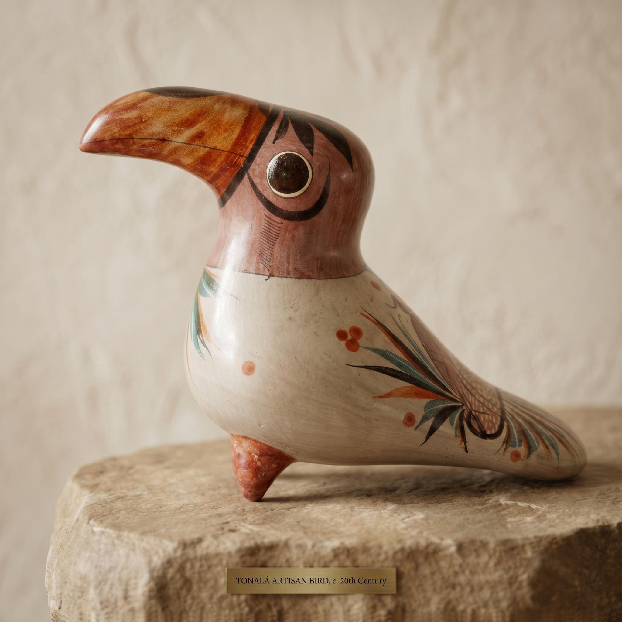 Vintage Tonalá Toucan Figurine: Hand Painted Mexican Folk Art Bird, Hacienda Decor
